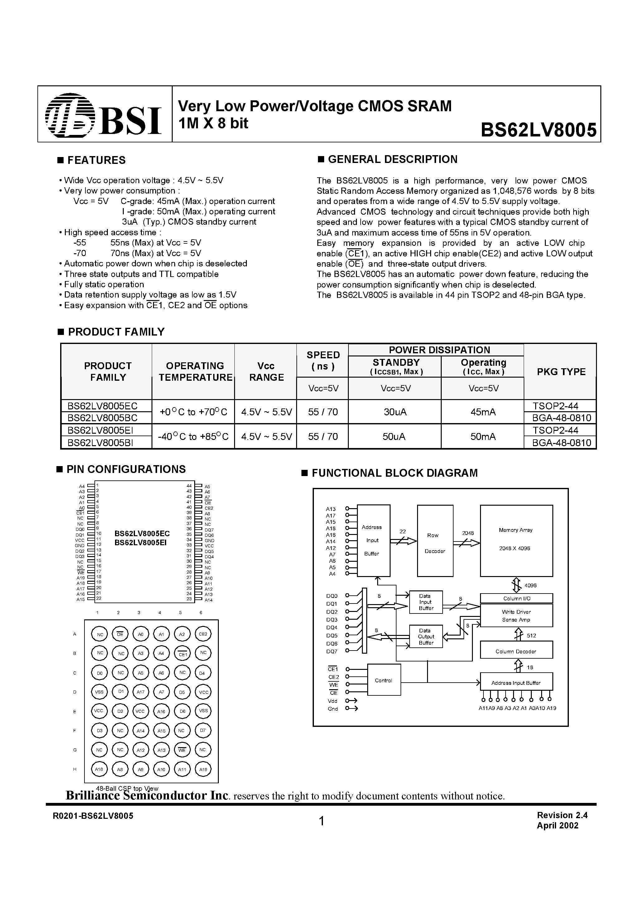Даташит на микросхему BS62LV8005EC страница 1 Даташит BS62LV8005EC - Very Low Power/Voltage CMOS SRAM 1M X 8 bit страница 1