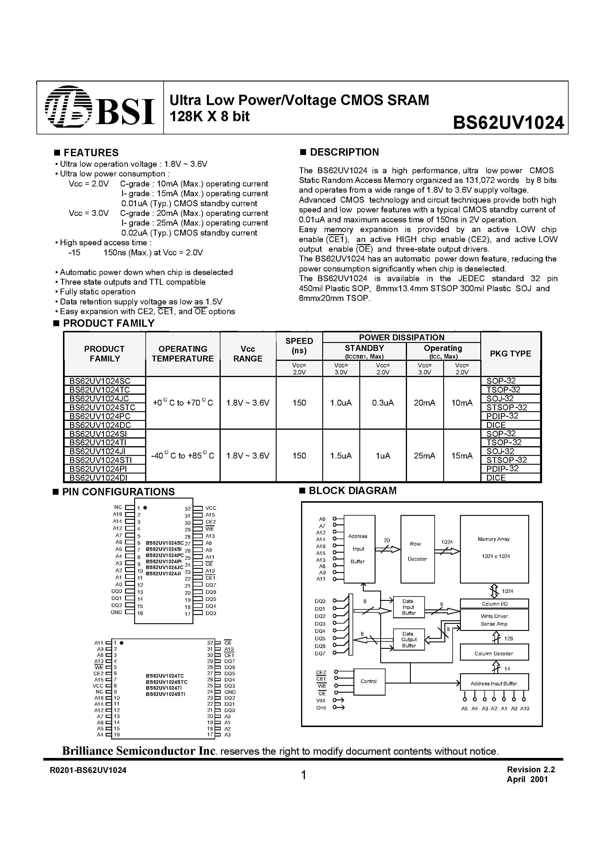 Даташит на микросхему BS62UV1024TC страница 1 Даташит BS62UV1024TC - Ultra Low Power/Voltage CMOS SRAM 128K X 8 bit страница 1