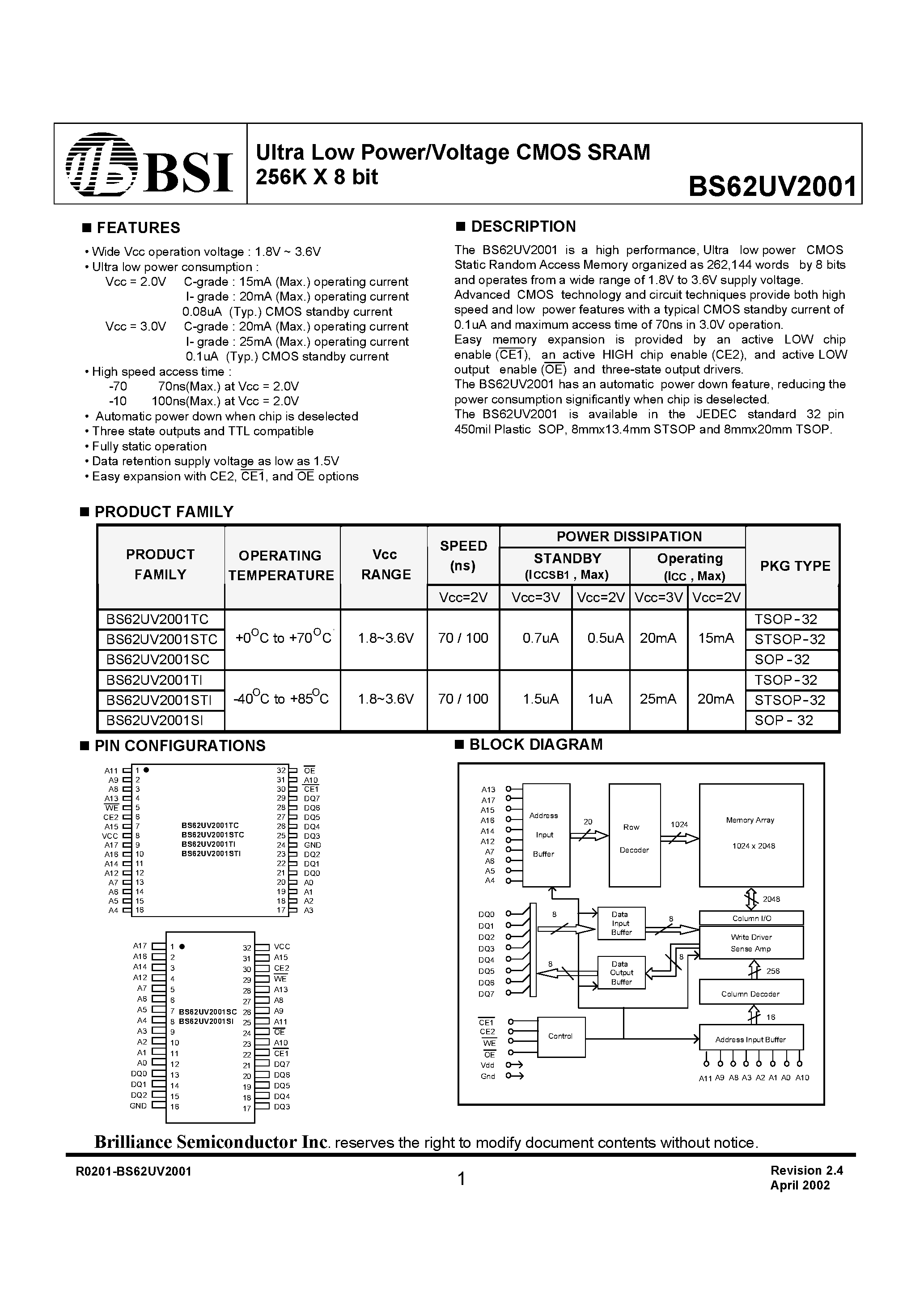Даташит на микросхему BS62UV2001STC страница 1 Даташит BS62UV2001STC - Ultra Low Power/Voltage CMOS SRAM 256K X 8 bit страница 1