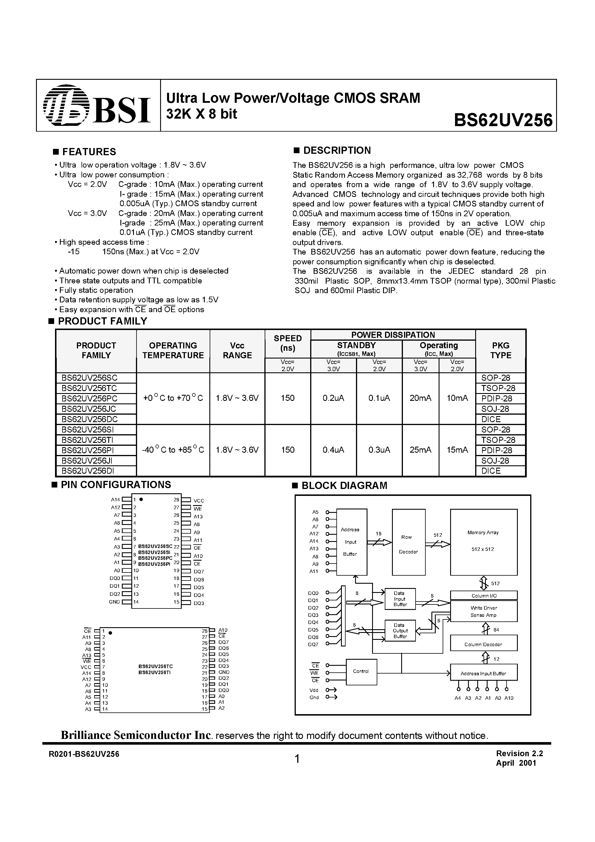 Даташит BS62UV256TC - Ultra Low Power/Voltage CMOS SRAM 32K X 8 bit страница 1
