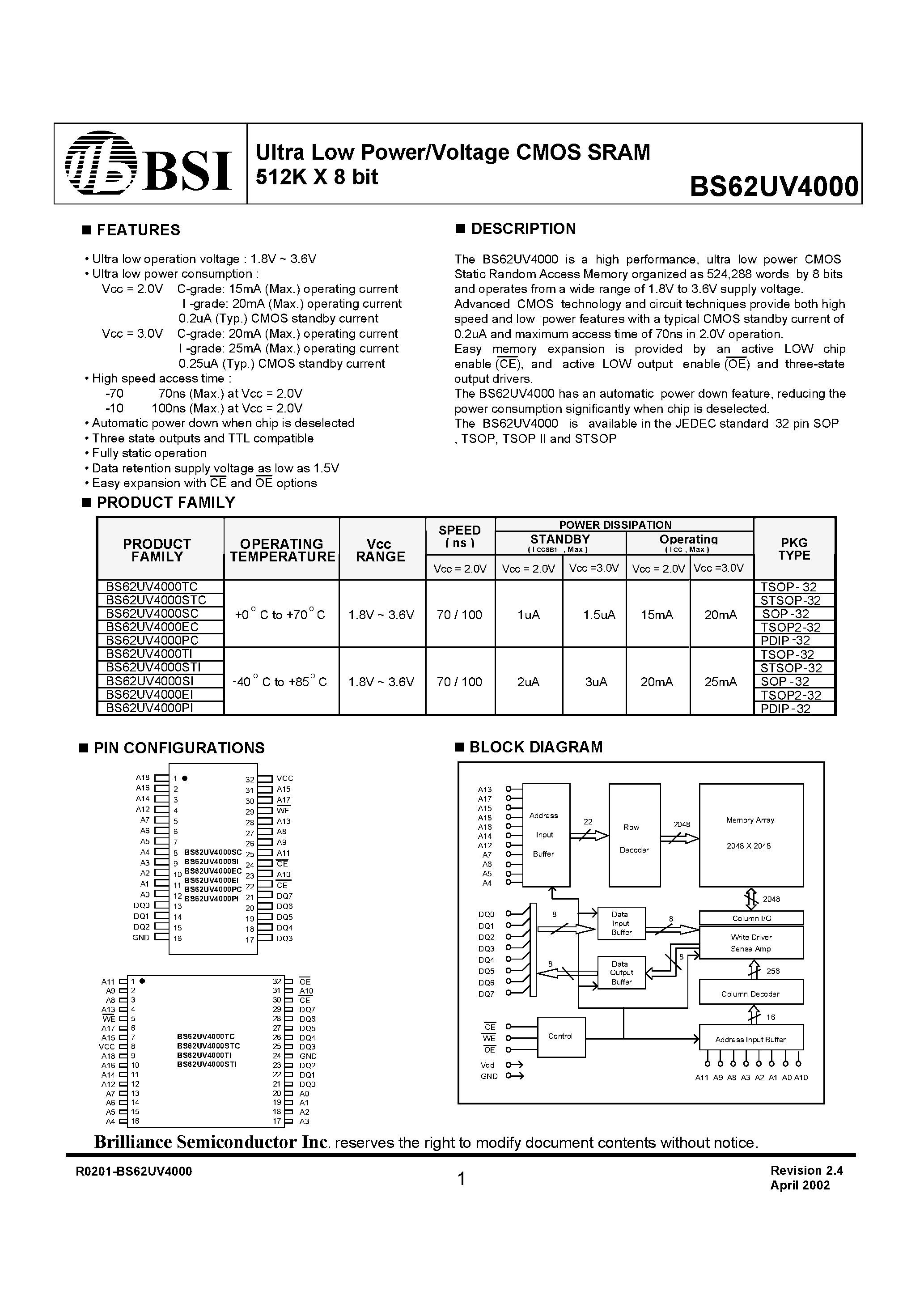 Даташит на микросхему BS62UV4000EI страница 1 Даташит BS62UV4000EI - Ultra Low Power/Voltage CMOS SRAM 512K X 8 bit страница 1
