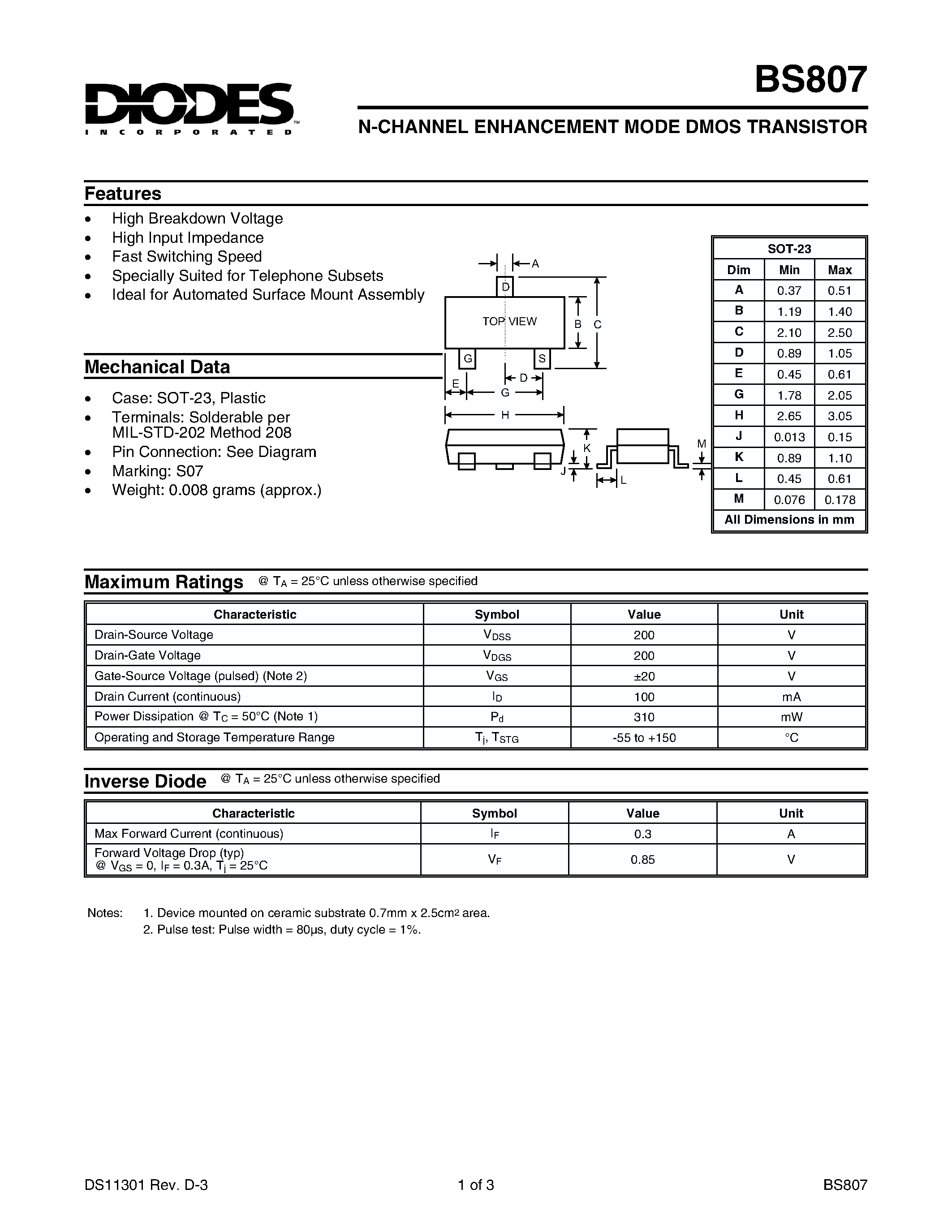 Datasheet BS807 - N-CHANNEL ENHANCEMENT MODE DMOS TRANSISTOR page 1