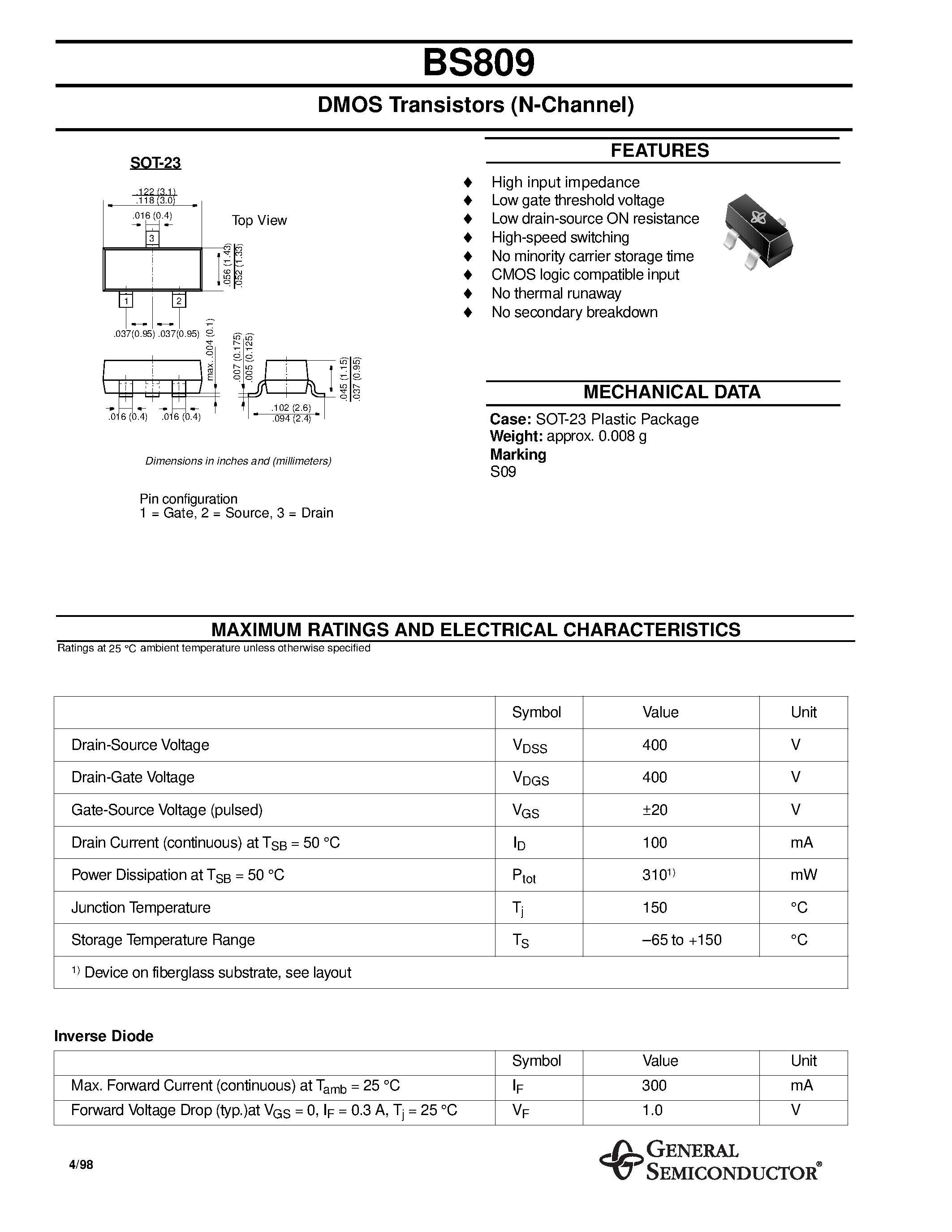 Даташит BS809 - DMOS Transistors (N-Channel) страница 1