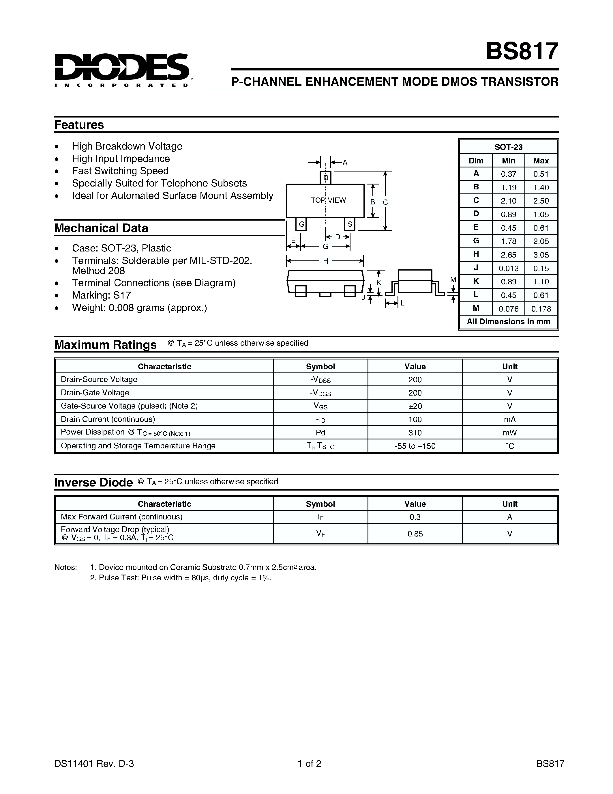 Datasheet BS817 - P-CHANNEL ENHANCEMENT MODE DMOS TRANSISTOR page 1