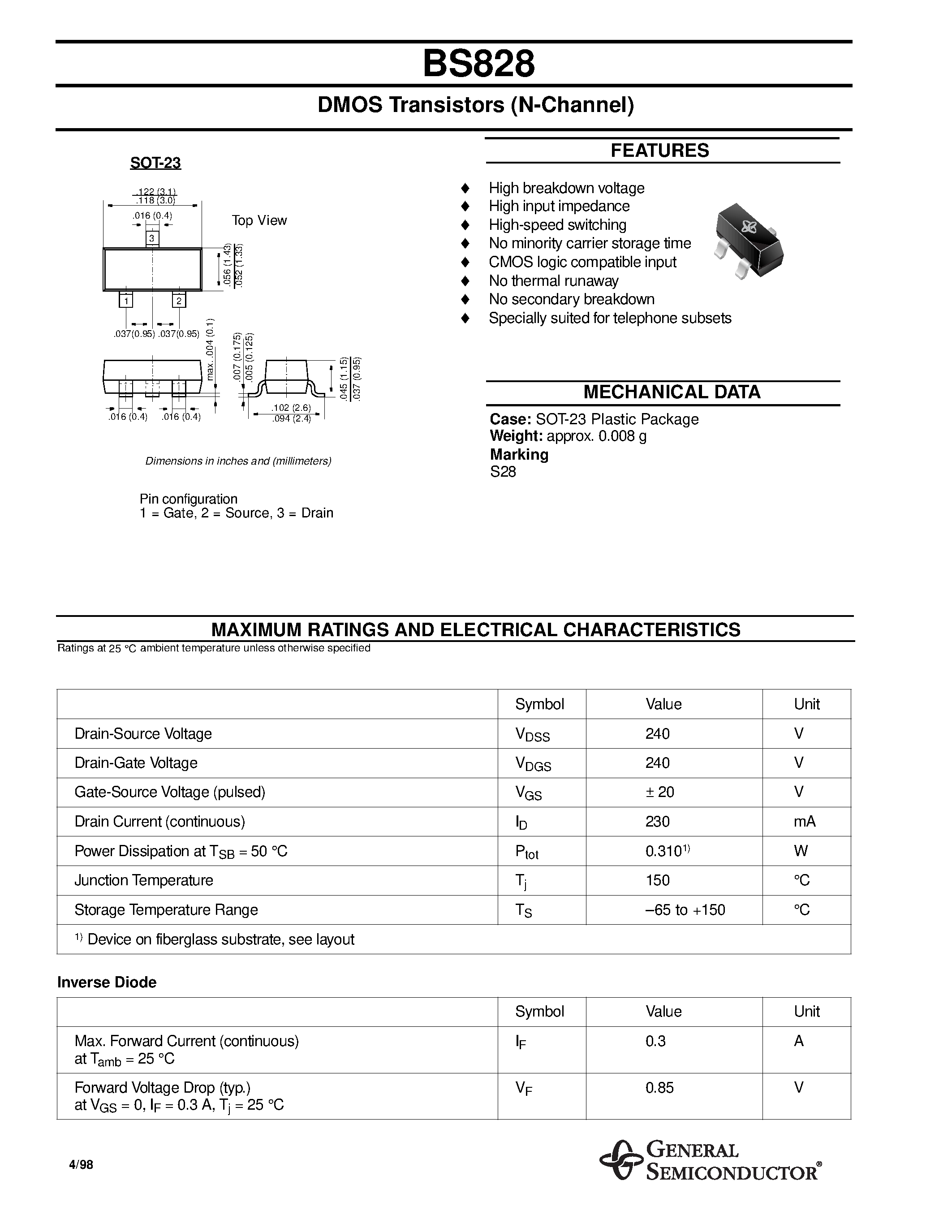 Даташит BS828 - DMOS Transistors (N-Channel) страница 1