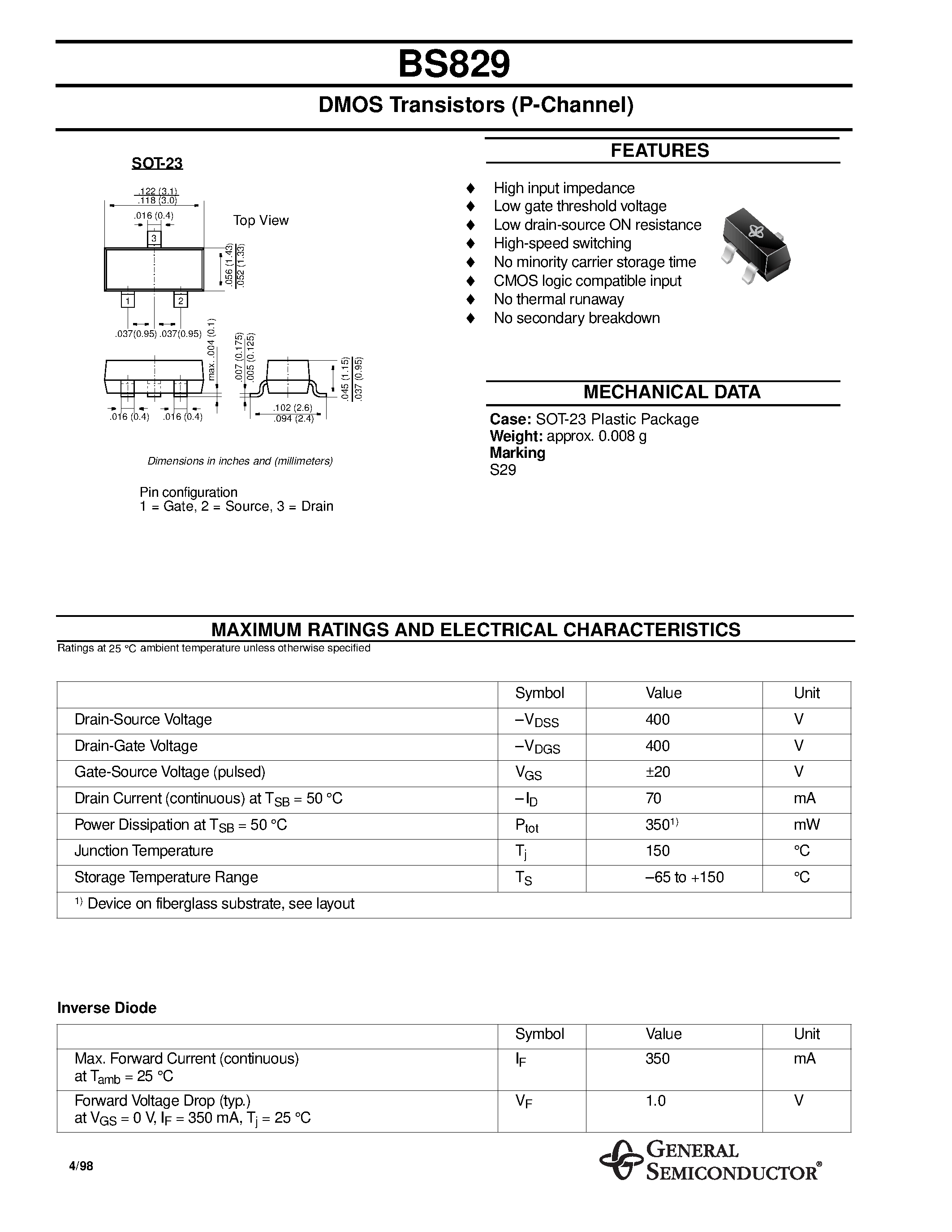 Datasheet BS829 - DMOS Transistors (P-Channel) page 1