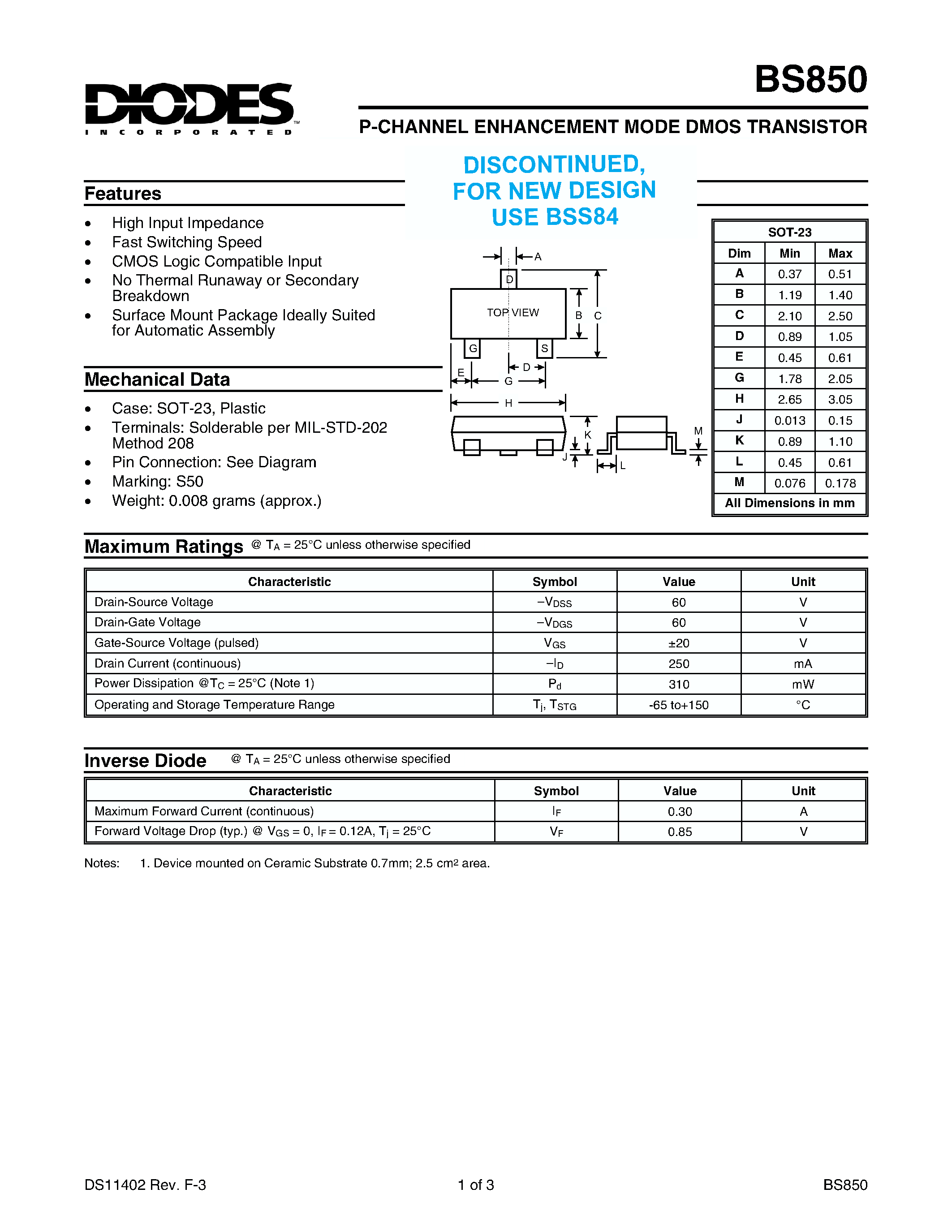 Datasheet BS850 - P-CHANNEL ENHANCEMENT MODE DMOS TRANSISTOR page 1