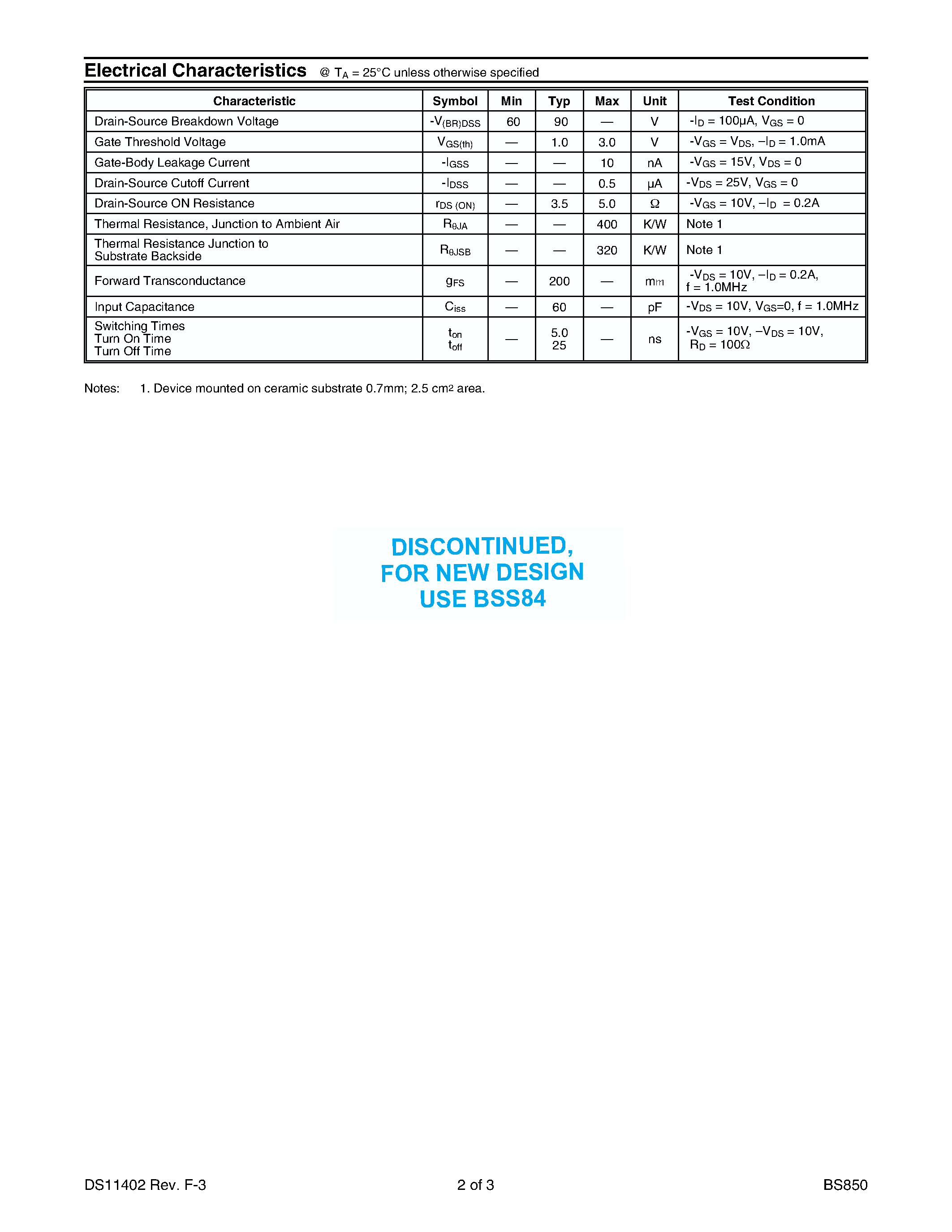 Datasheet BS850 - P-CHANNEL ENHANCEMENT MODE DMOS TRANSISTOR page 2