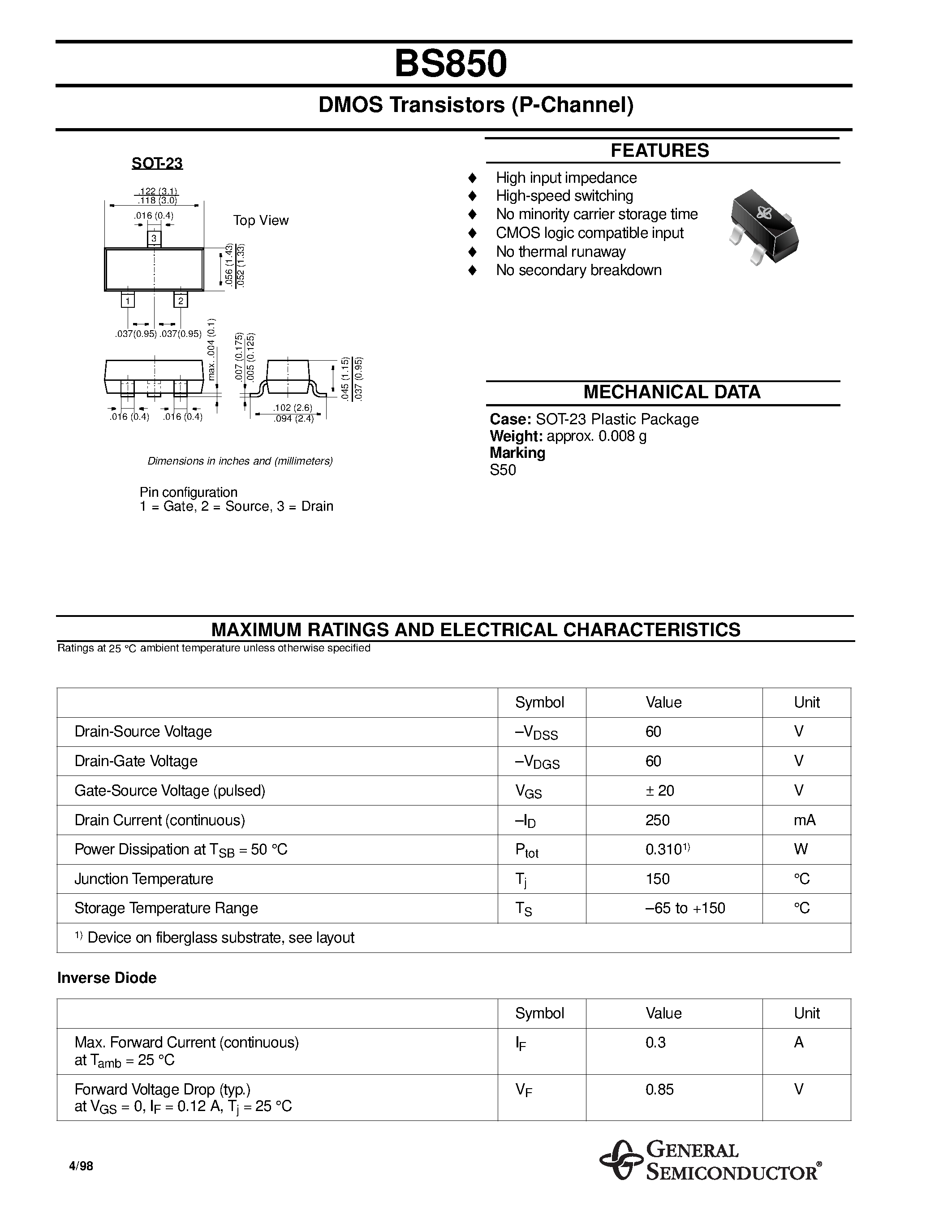 Datasheet BS850 - DMOS Transistors (P-Channel) page 1