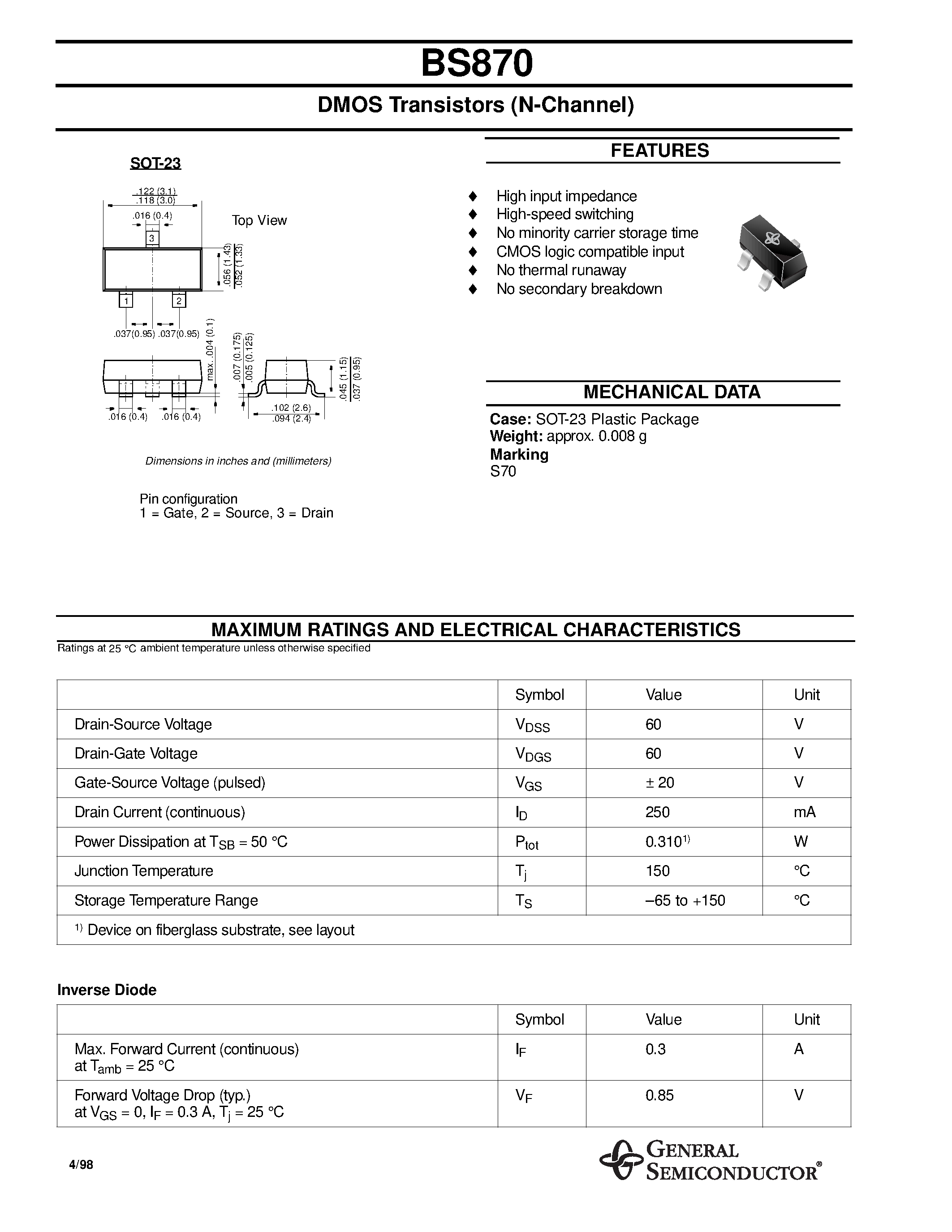 Даташит BS870 - DMOS Transistors (N-Channel) страница 1