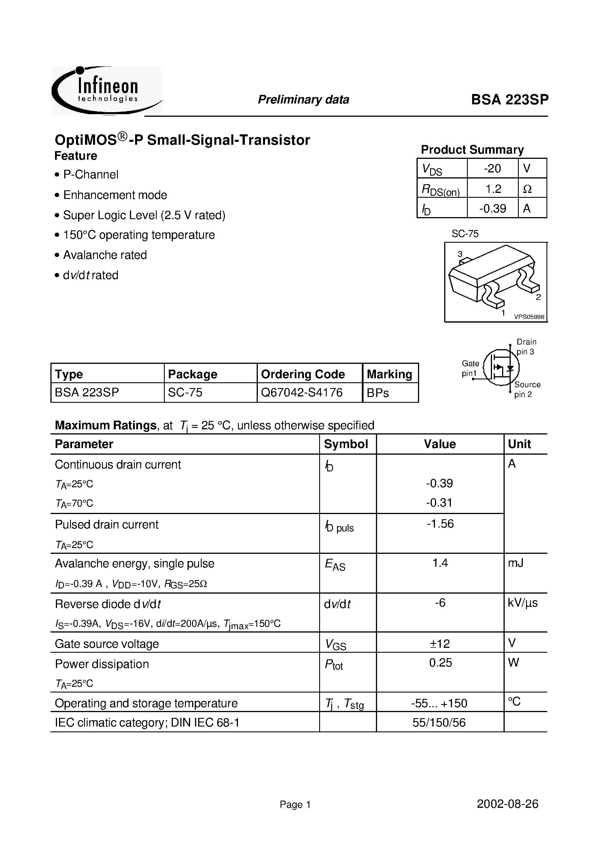 Datasheet BSA223SP page 1 Datasheet BSA223SP - OptiMOS-P Small-Signal-Transistor page 1