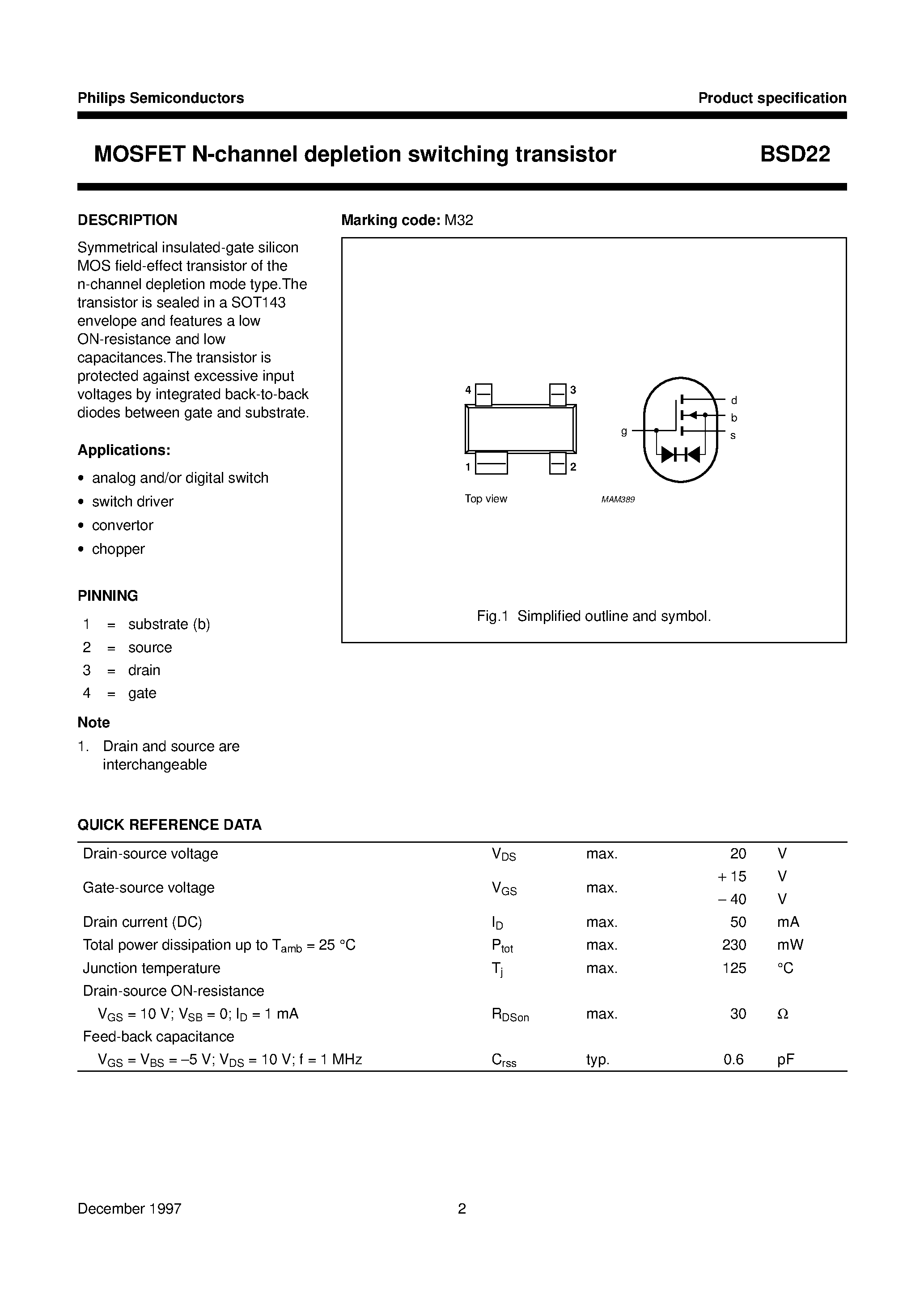 Datasheet BSD22 - MOSFET N-channel depletion switching transistor page 2