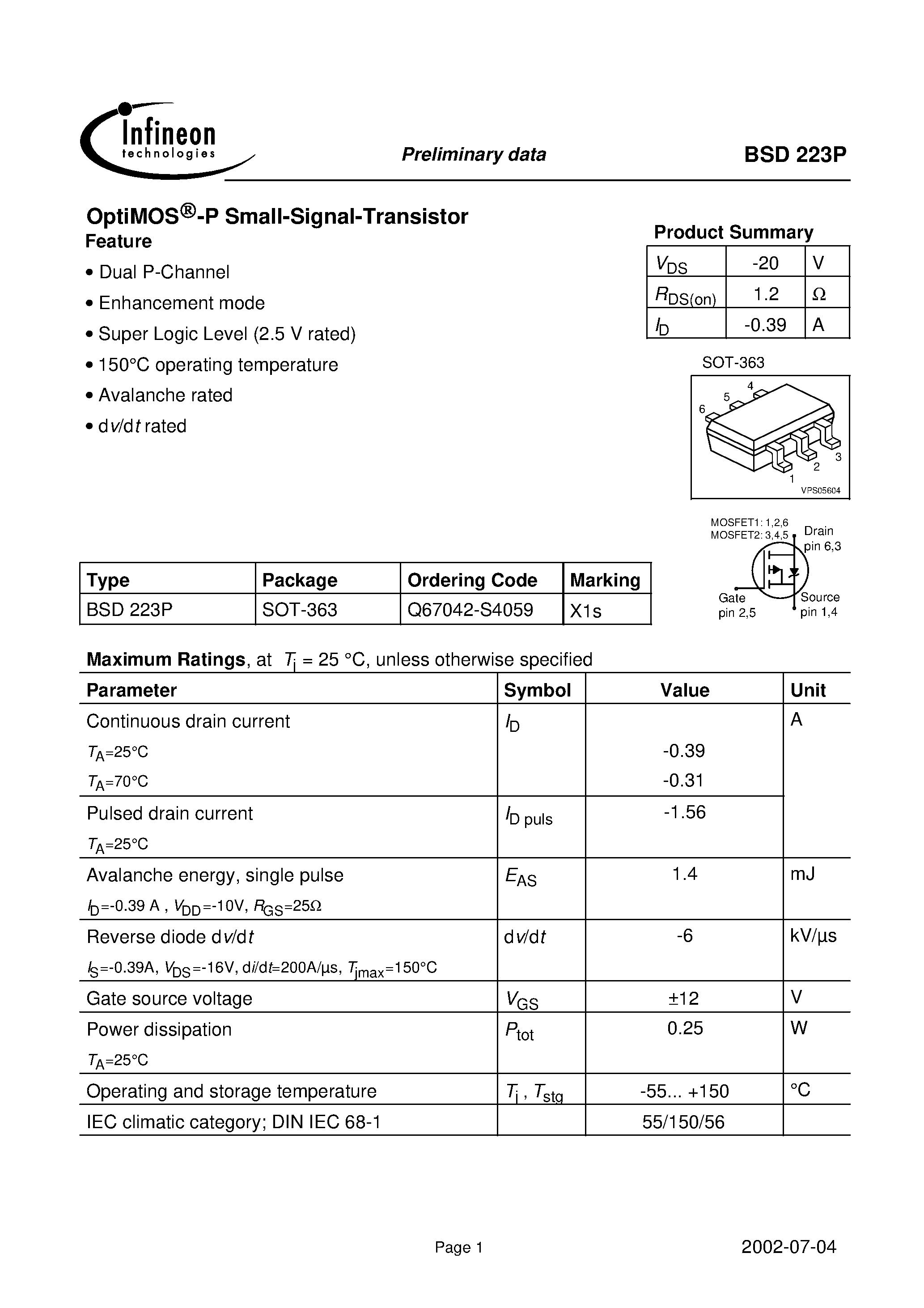 Datasheet BSD223P - OptiMOS -P Small-Signal-Transistor page 1