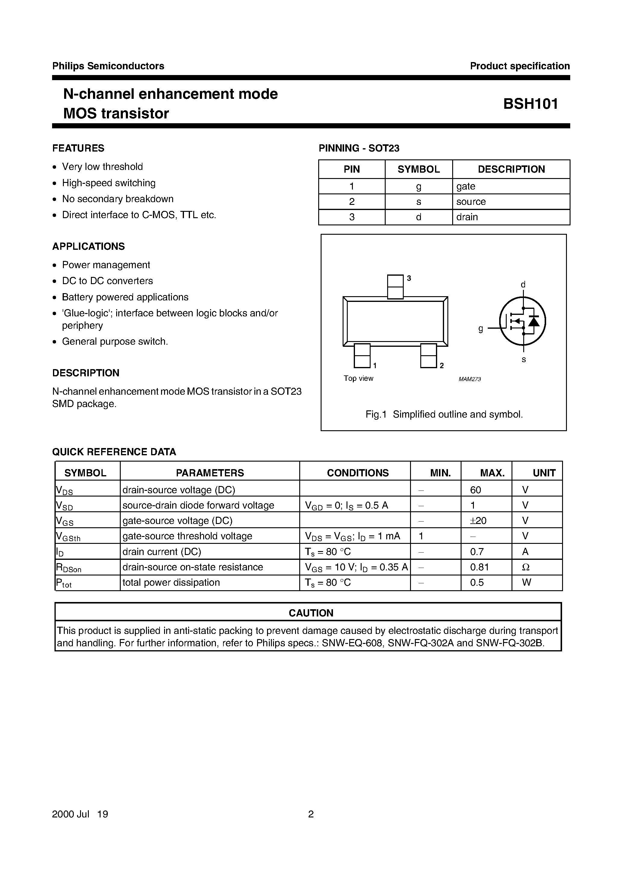 Datasheet BSH101 - N-channel enhancement mode MOS transistor page 2