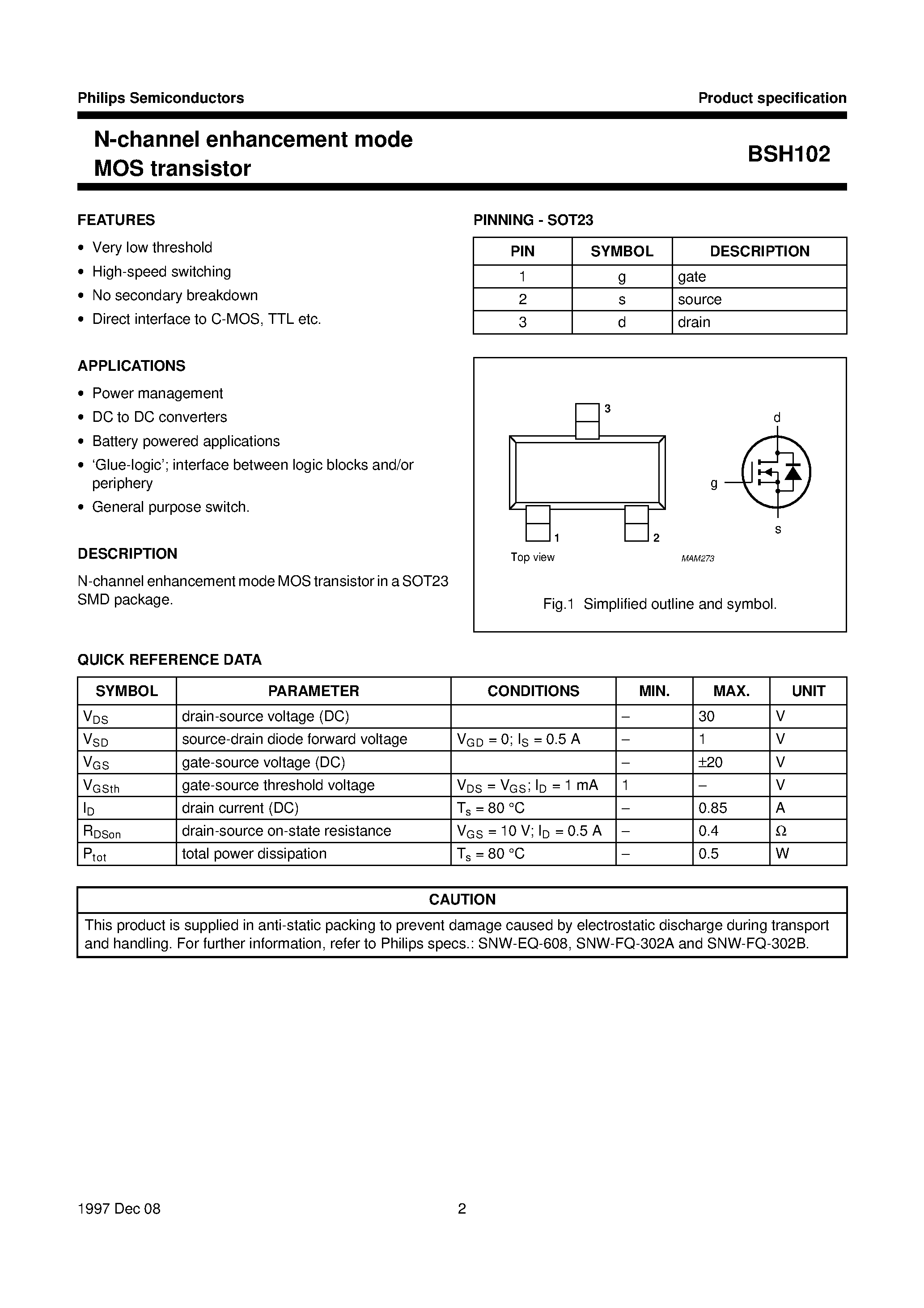 Datasheet BSH102 - N-channel enhancement mode MOS transistor page 2