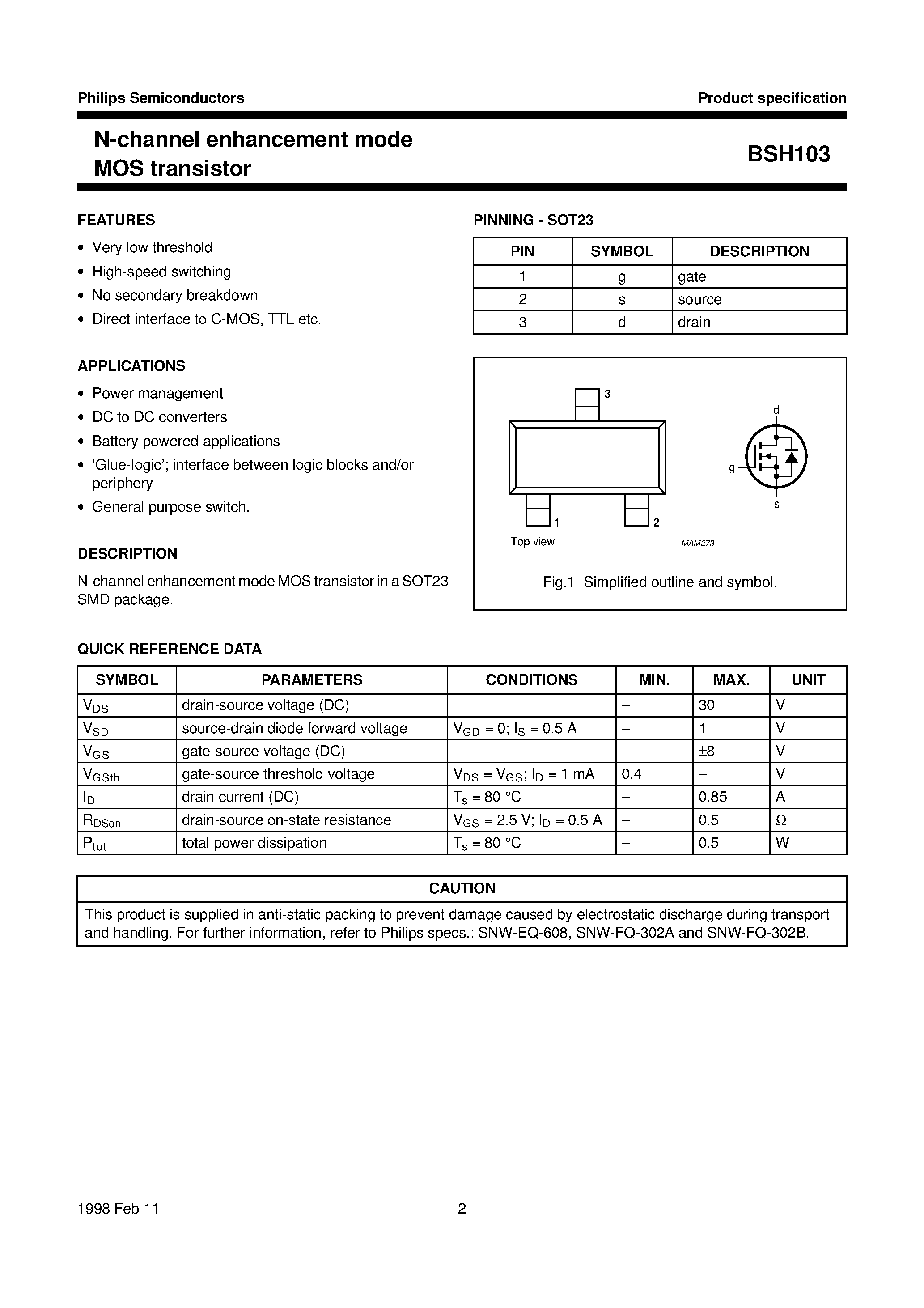 Datasheet BSH103 - N-channel enhancement mode MOS transistor page 2
