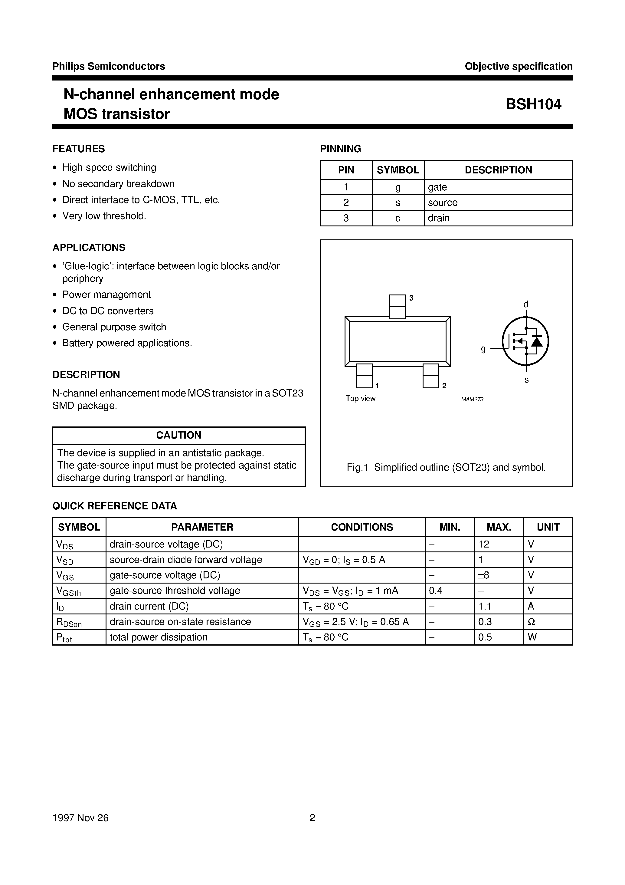 Datasheet BSH104 - N-channel enhancement mode MOS transistor page 2