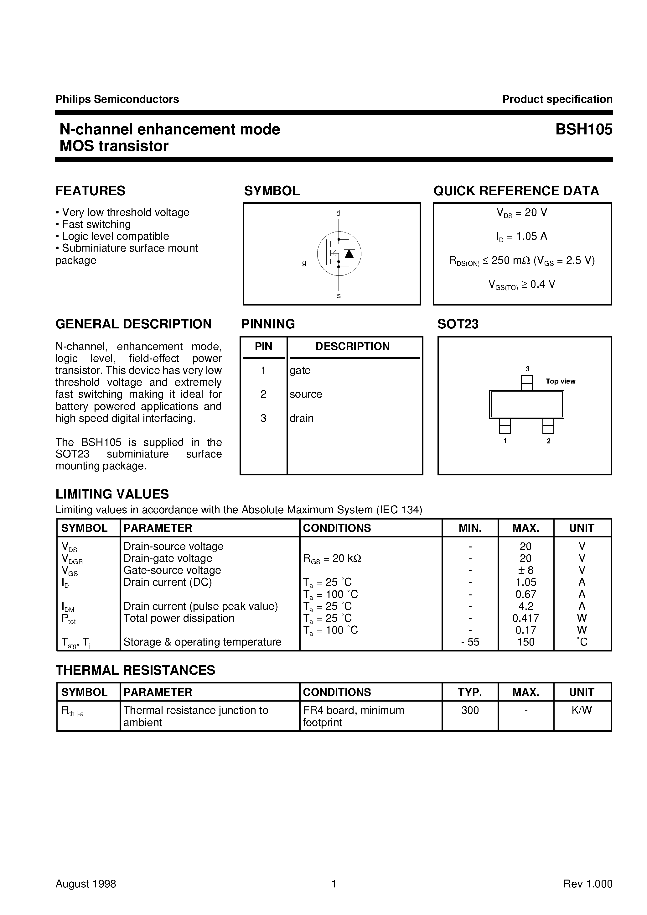 Datasheet BSH105 - N-channel enhancement mode MOS transistor page 1