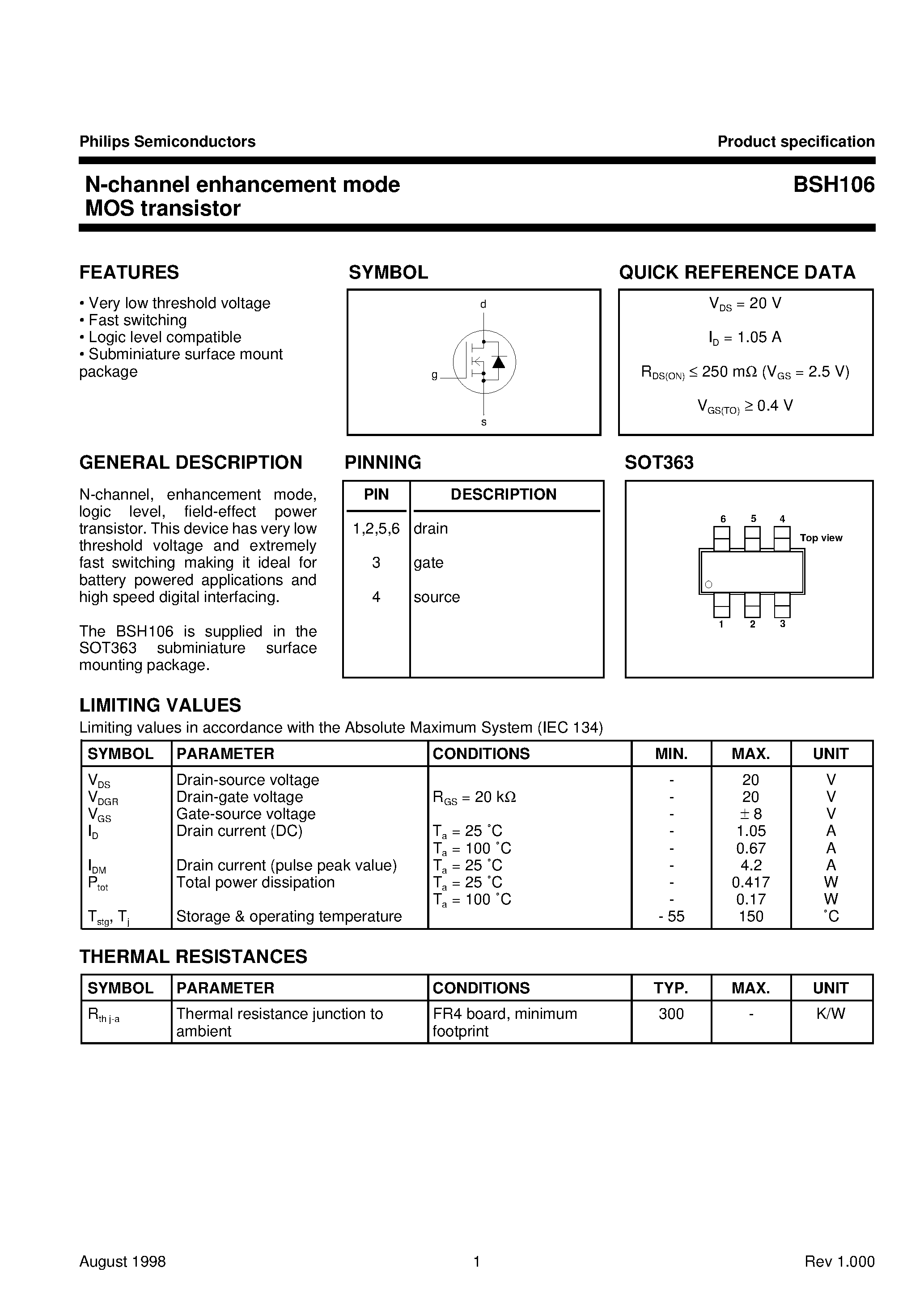Datasheet BSH106 - N-channel enhancement mode MOS transistor page 1