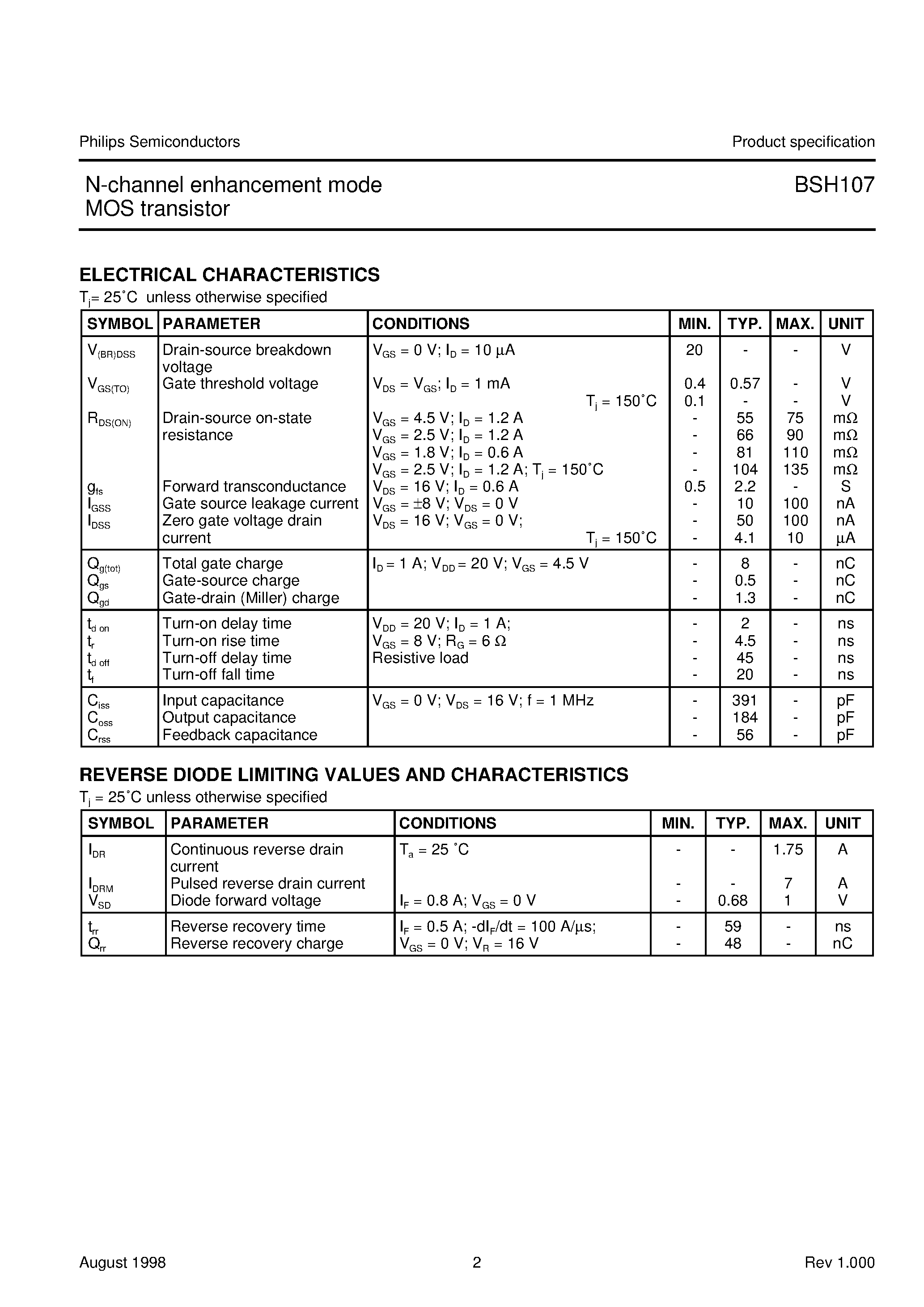 Datasheet BSH107 - N-channel enhancement mode MOS transistor page 2
