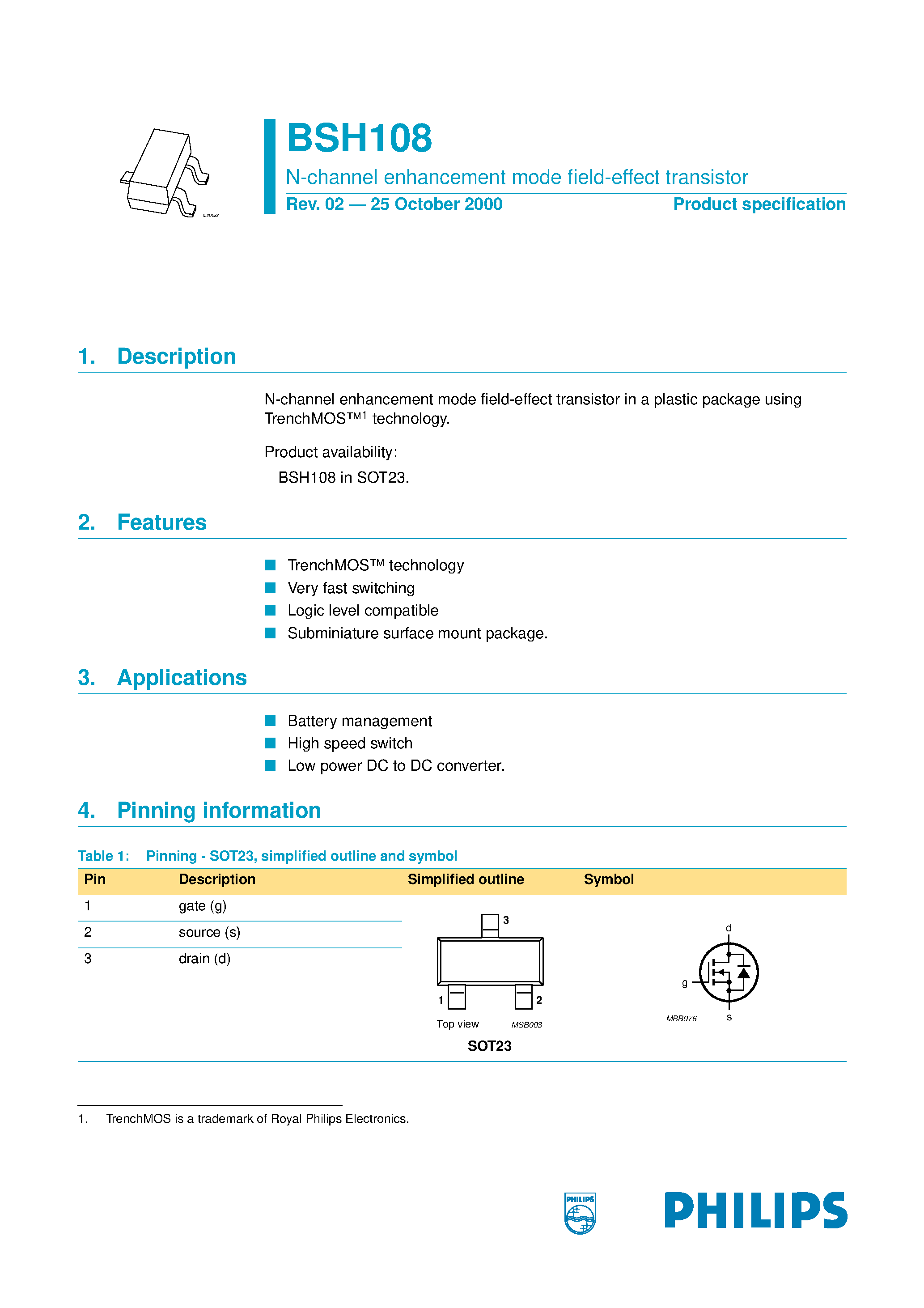Datasheet BSH108 - N-channel enhancement mode field-effect transistor page 1