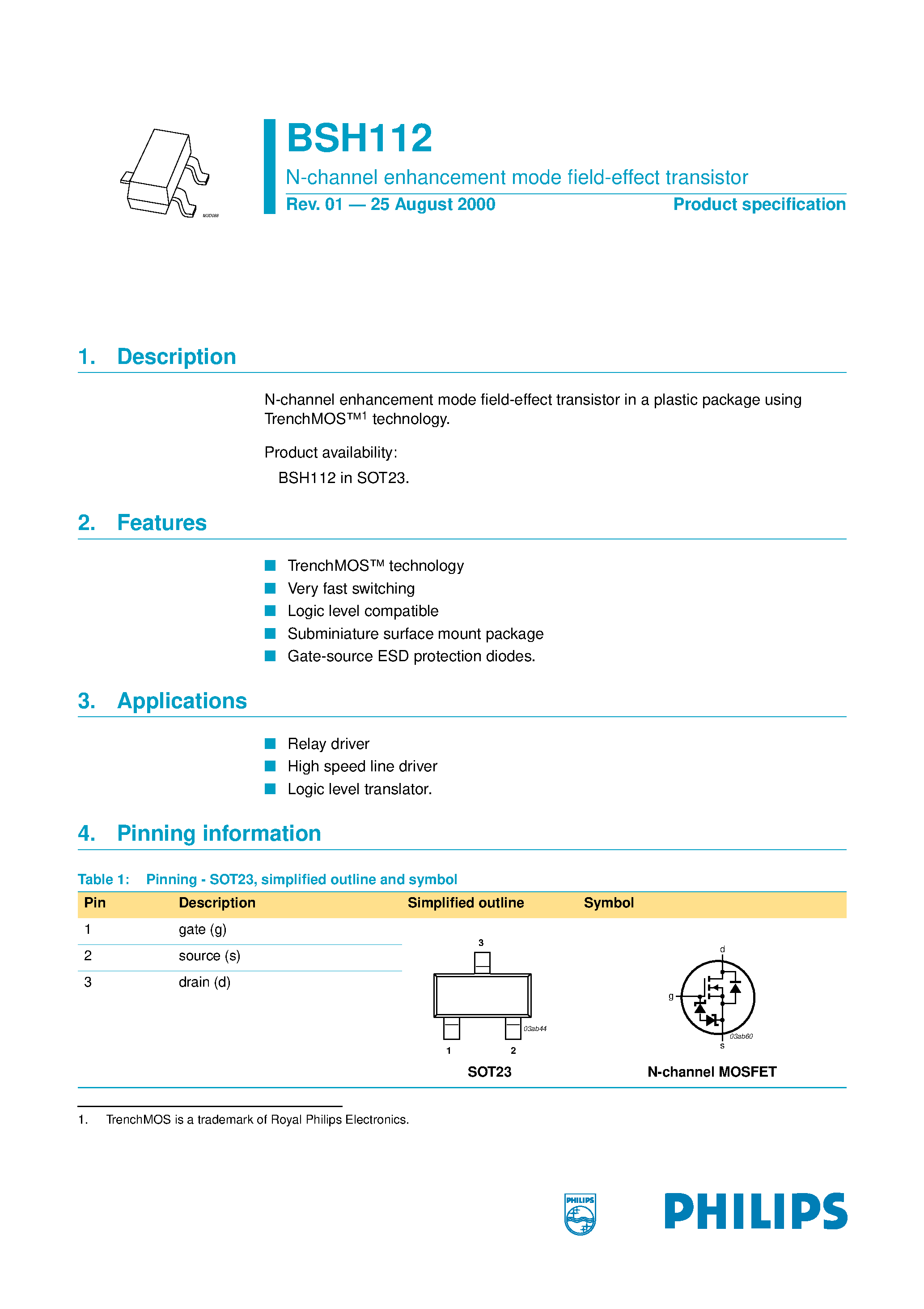 Datasheet BSH112 - N-channel enhancement mode field-effect transistor page 1