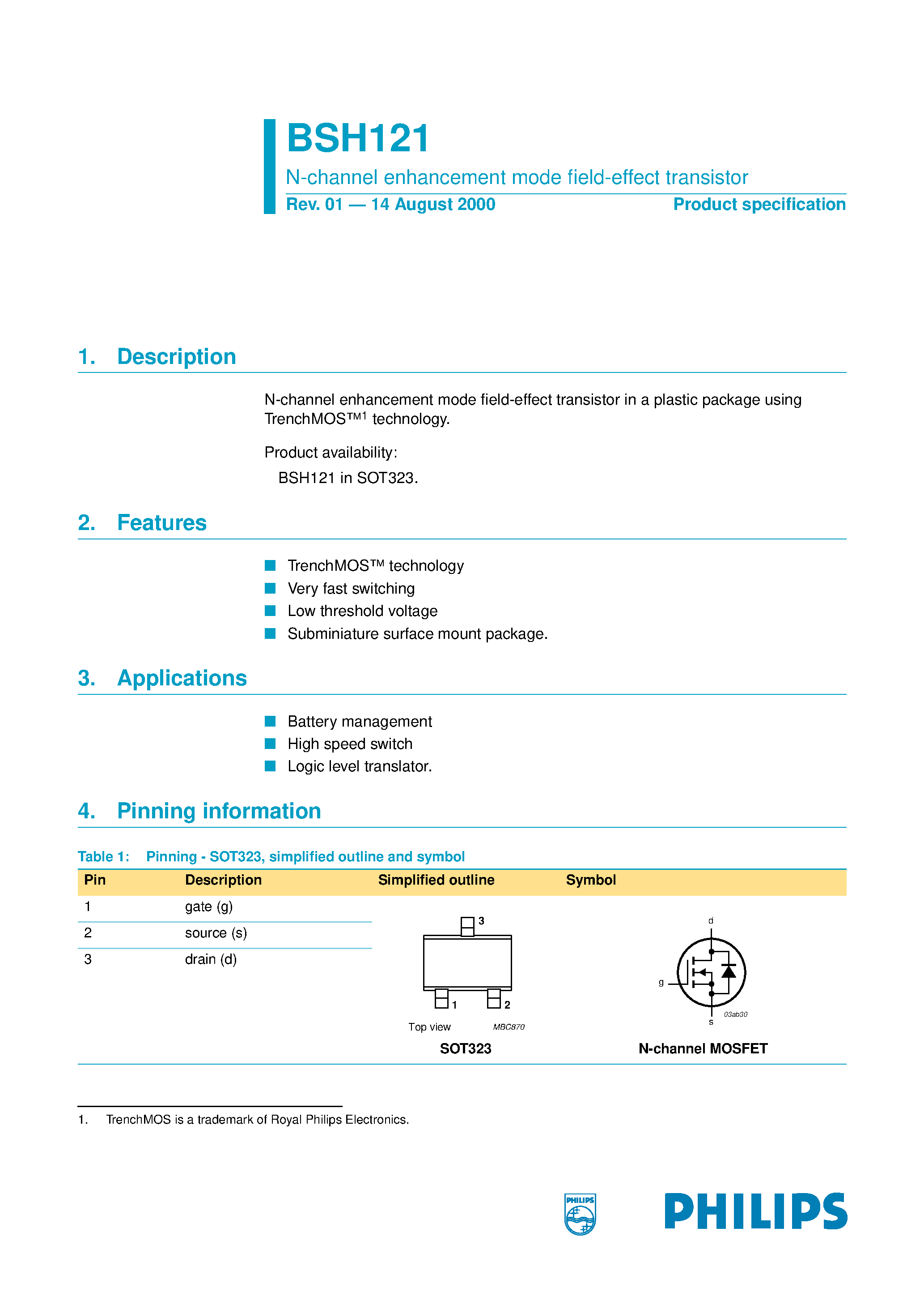 Datasheet BSH121 - N-channel enhancement mode field-effect transistor page 1