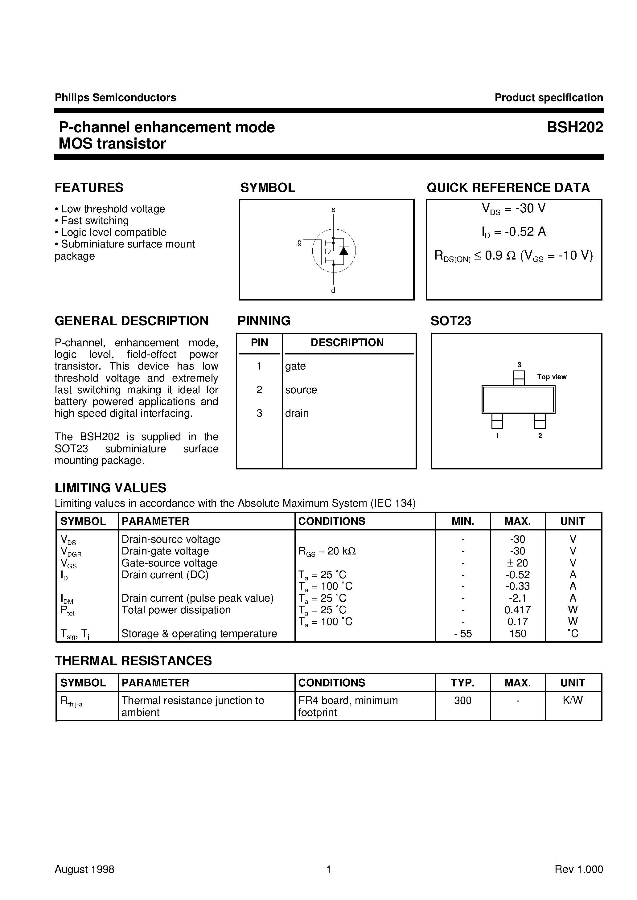 Даташит на микросхему BSH202 страница 1 Даташит BSH202 - P-channel enhancement mode MOS transistor страница 1