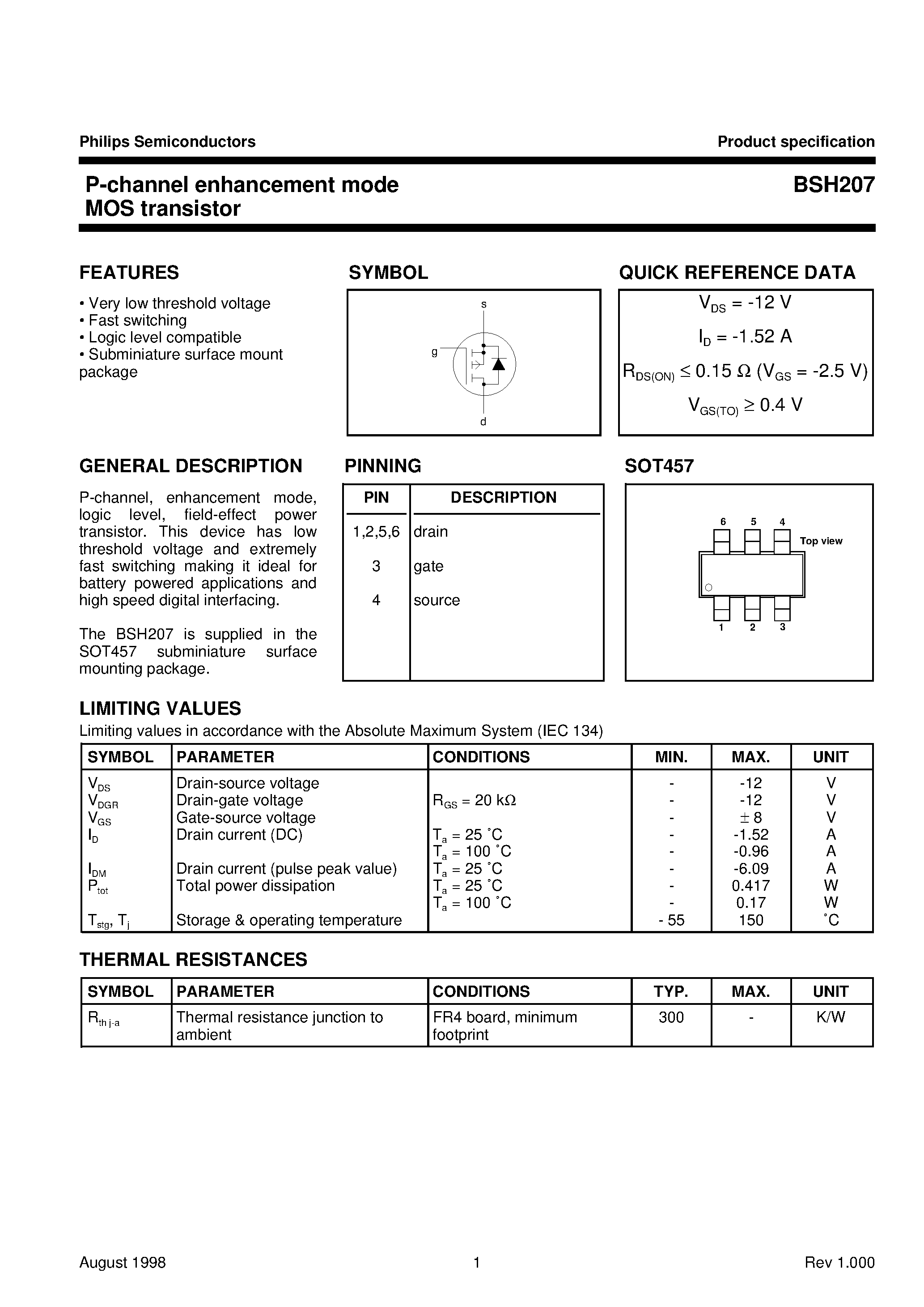 Datasheet BSH207 - P-channel enhancement mode MOS transistor page 1