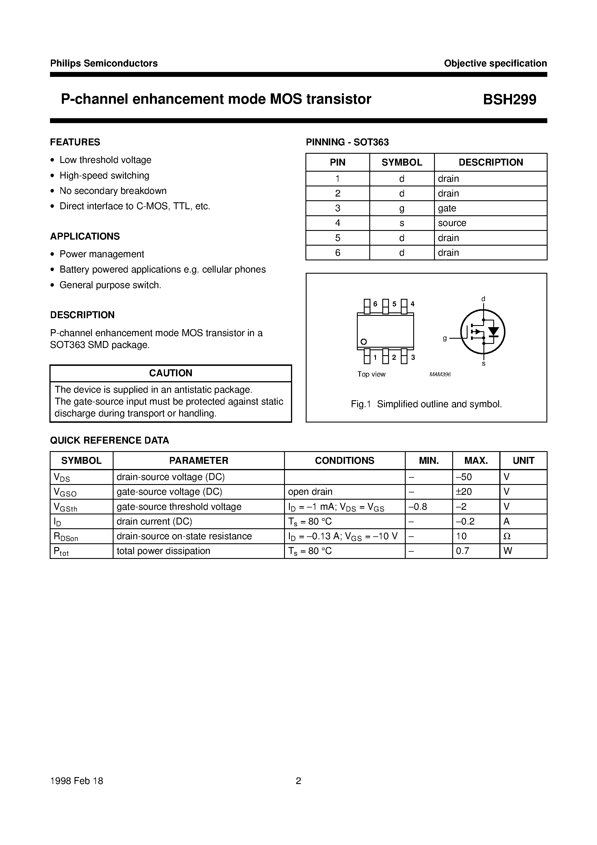 Datasheet BSH299 - P-channel enhancement mode MOS transistor page 2