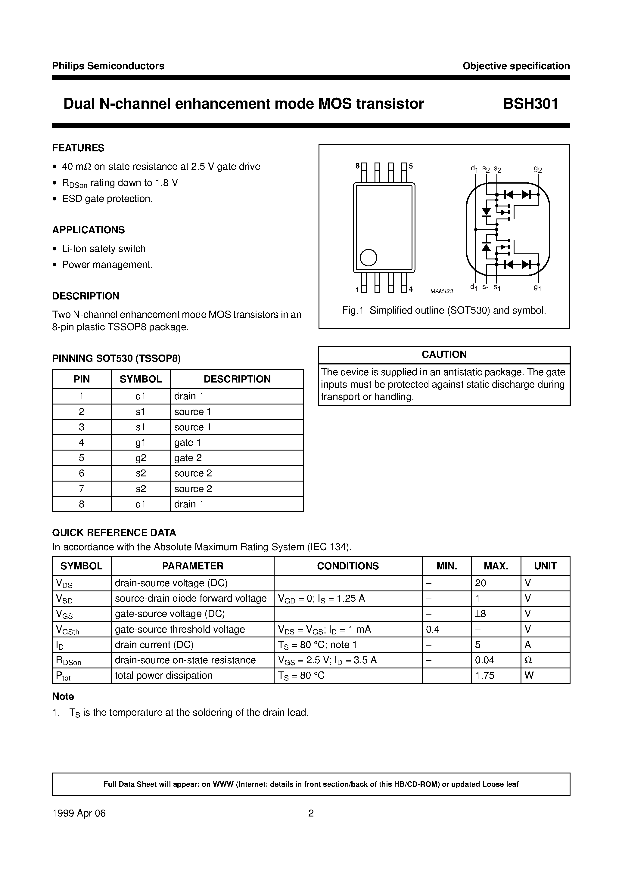 Datasheet BSH301 - Dual N-channel enhancement mode MOS transistor page 2