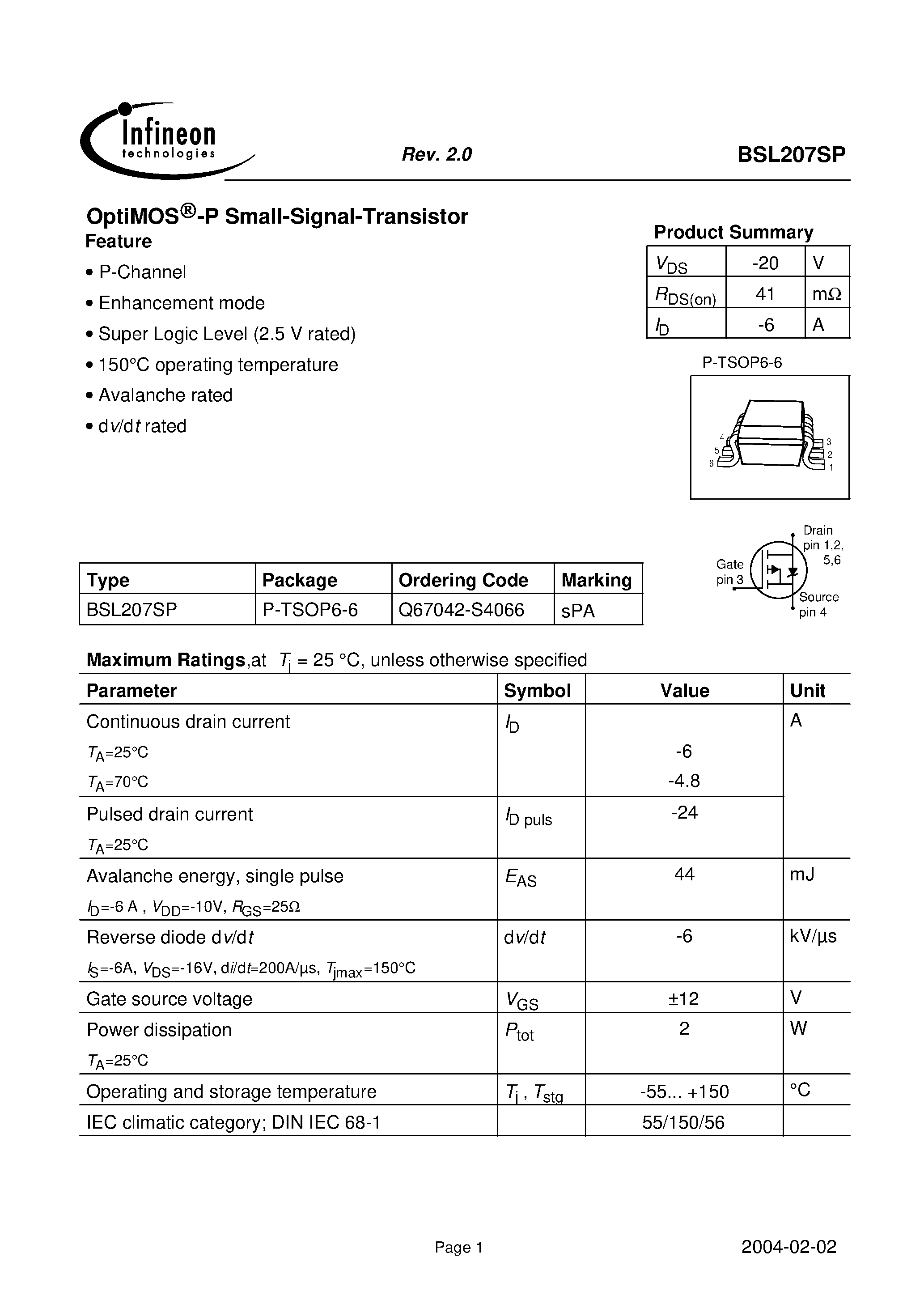 Datasheet BSL207SP - OptiMOS -P Small-Signal-Transistor page 1