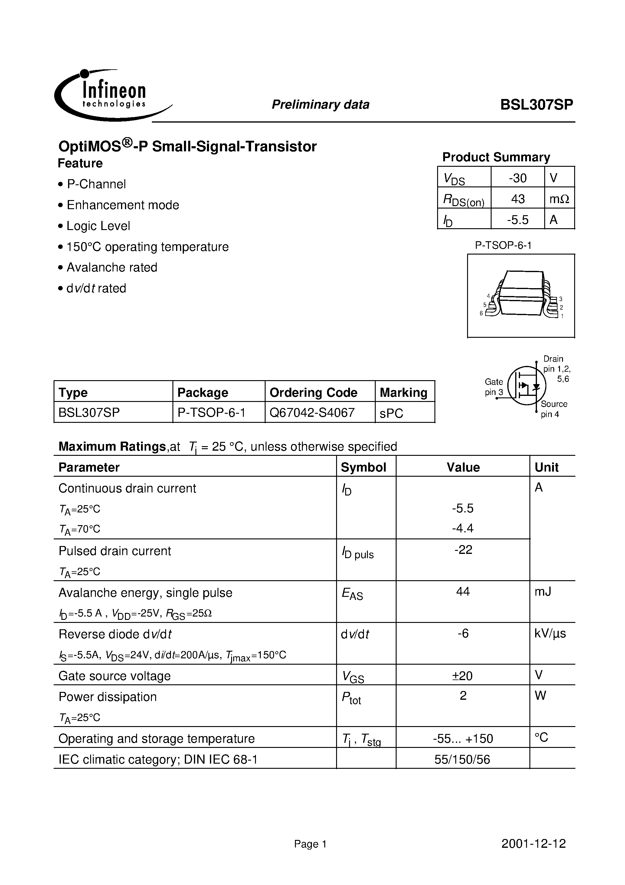 Datasheet BSL307SP - OptiMOS -P Small-Signal-Transistor page 1
