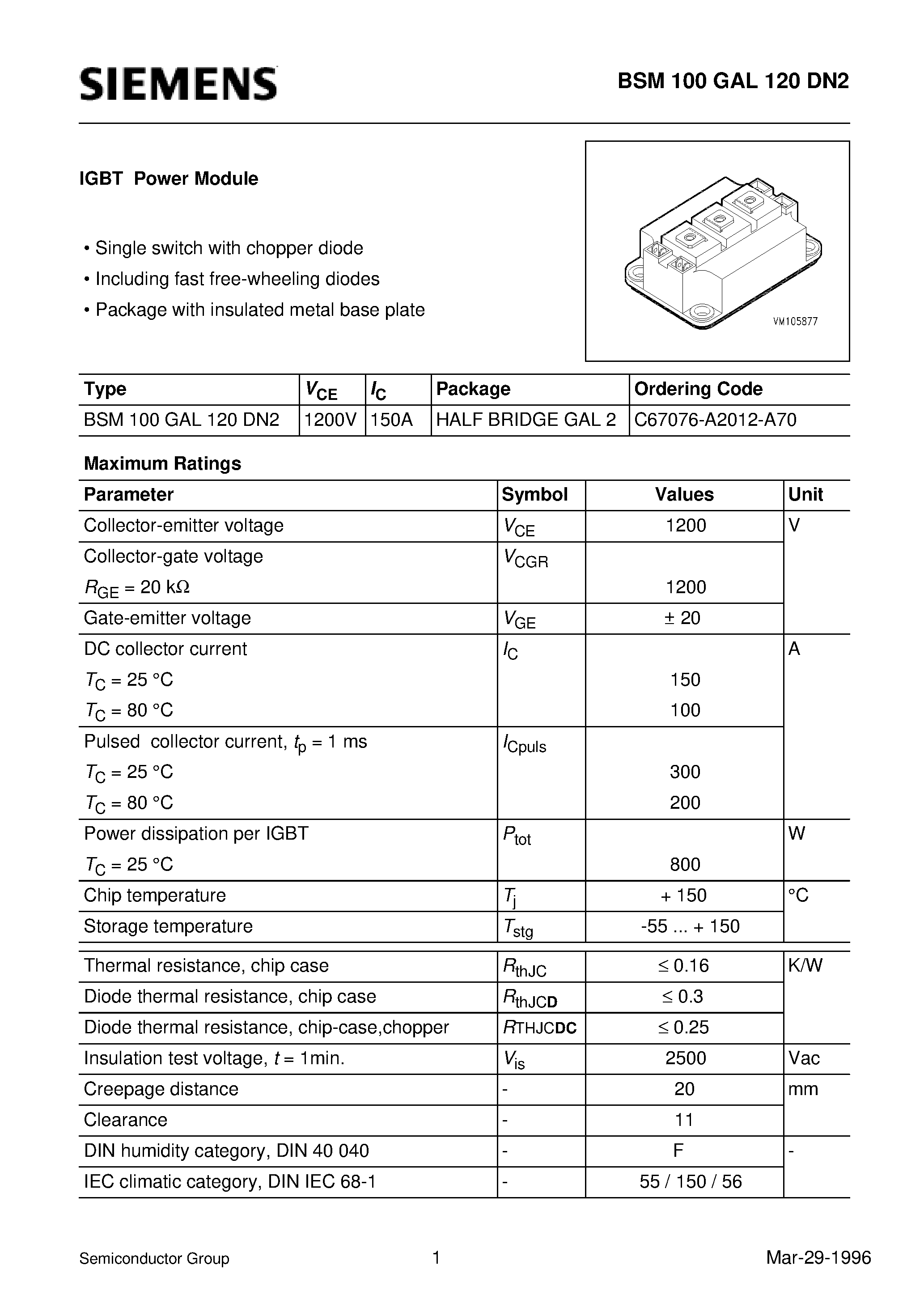 Даташит BSM100GAL120DN2 - IGBT Power Module (Single switch with chopper diode Including fast free-wheeling diodes) страница 1