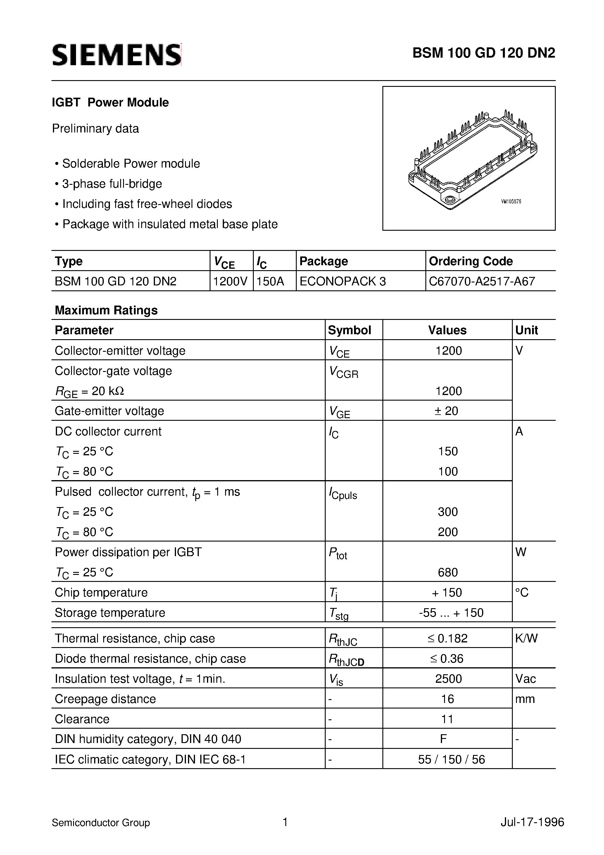 Datasheet BSM100GD120DN2 page 1 Datasheet BSM100GD120DN2 - IGBT Power Module (Solderable Power module 3-phase full-bridge Including fast free-wheel diodes) page 1