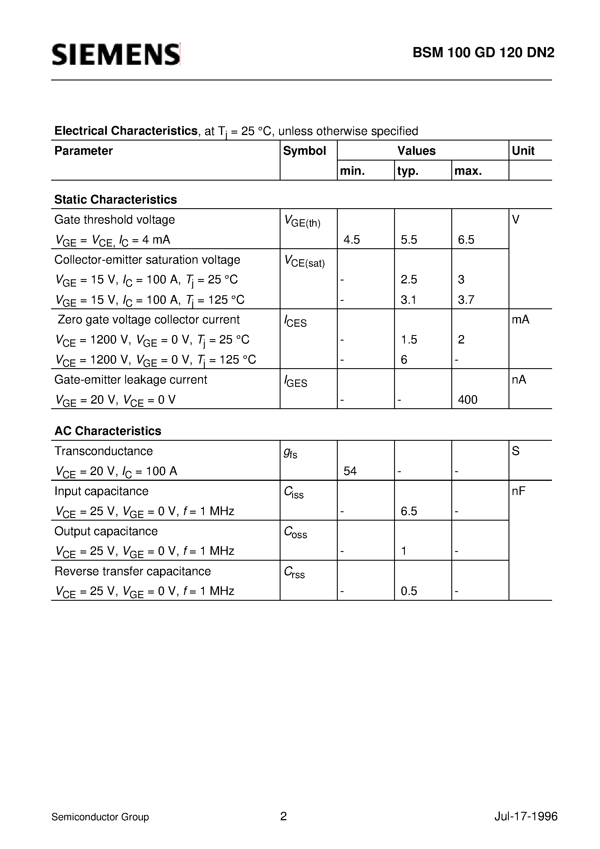 Datasheet BSM100GD120DN2 page 2 Datasheet BSM100GD120DN2 - IGBT Power Module (Solderable Power module 3-phase full-bridge Including fast free-wheel diodes) page 2