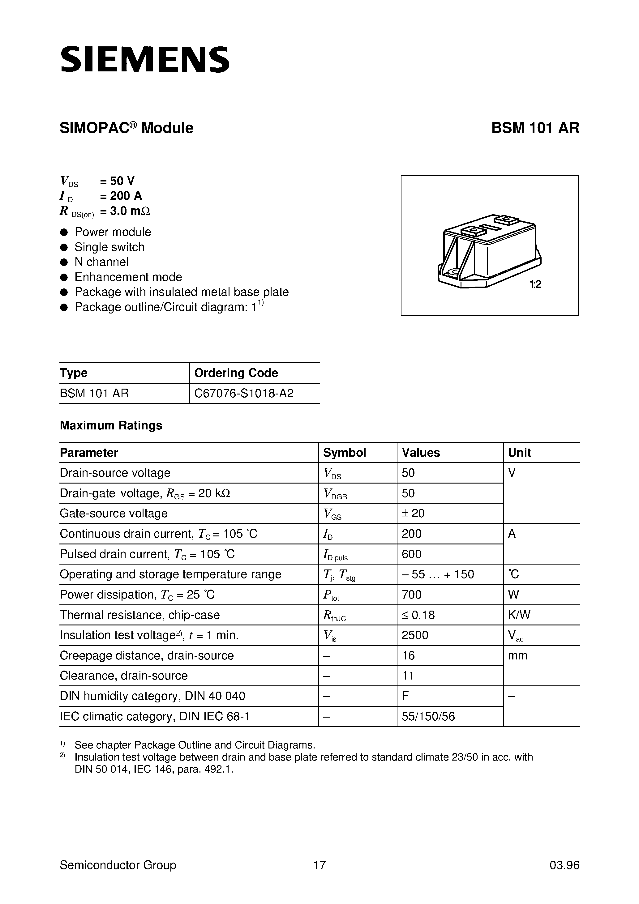 Datasheet BSM101 - SIMOPAC Module (Power module Single switch N channel Enhancement mode) page 1