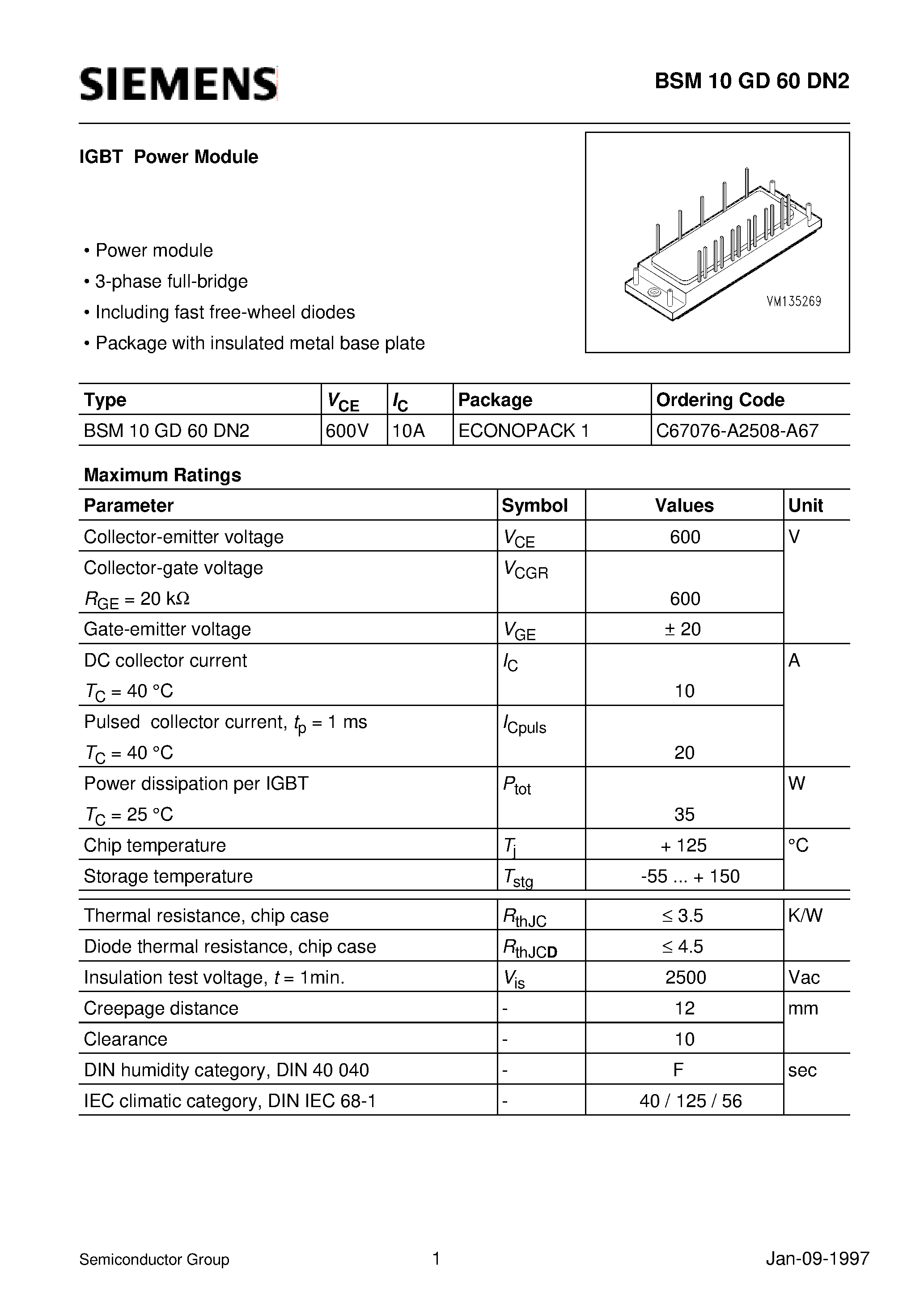 Datasheet BSM10GD60DN2 page 1 Datasheet BSM10GD60DN2 - IGBT Power Module (Power module 3-phase full-bridge Including fast free-wheel diodes page 1