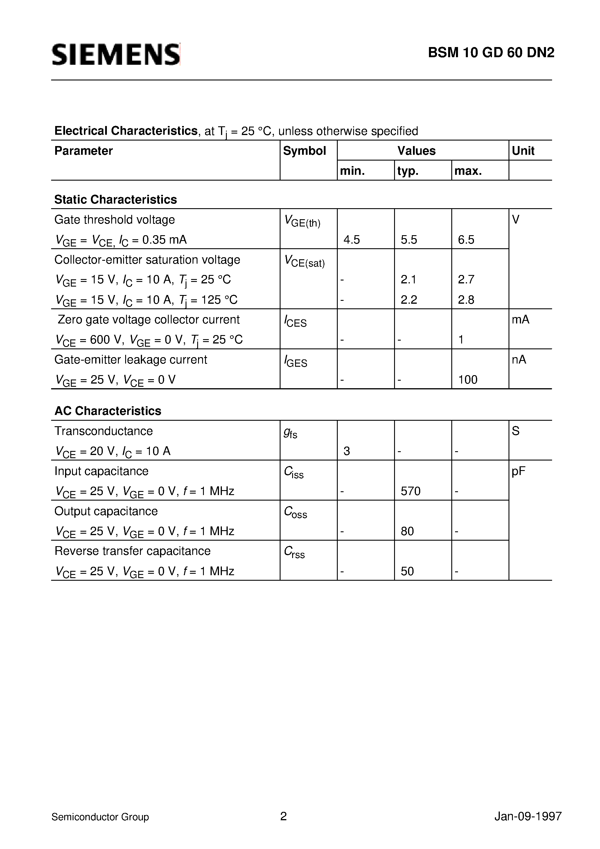 Datasheet BSM10GD60DN2 page 2 Datasheet BSM10GD60DN2 - IGBT Power Module (Power module 3-phase full-bridge Including fast free-wheel diodes page 2