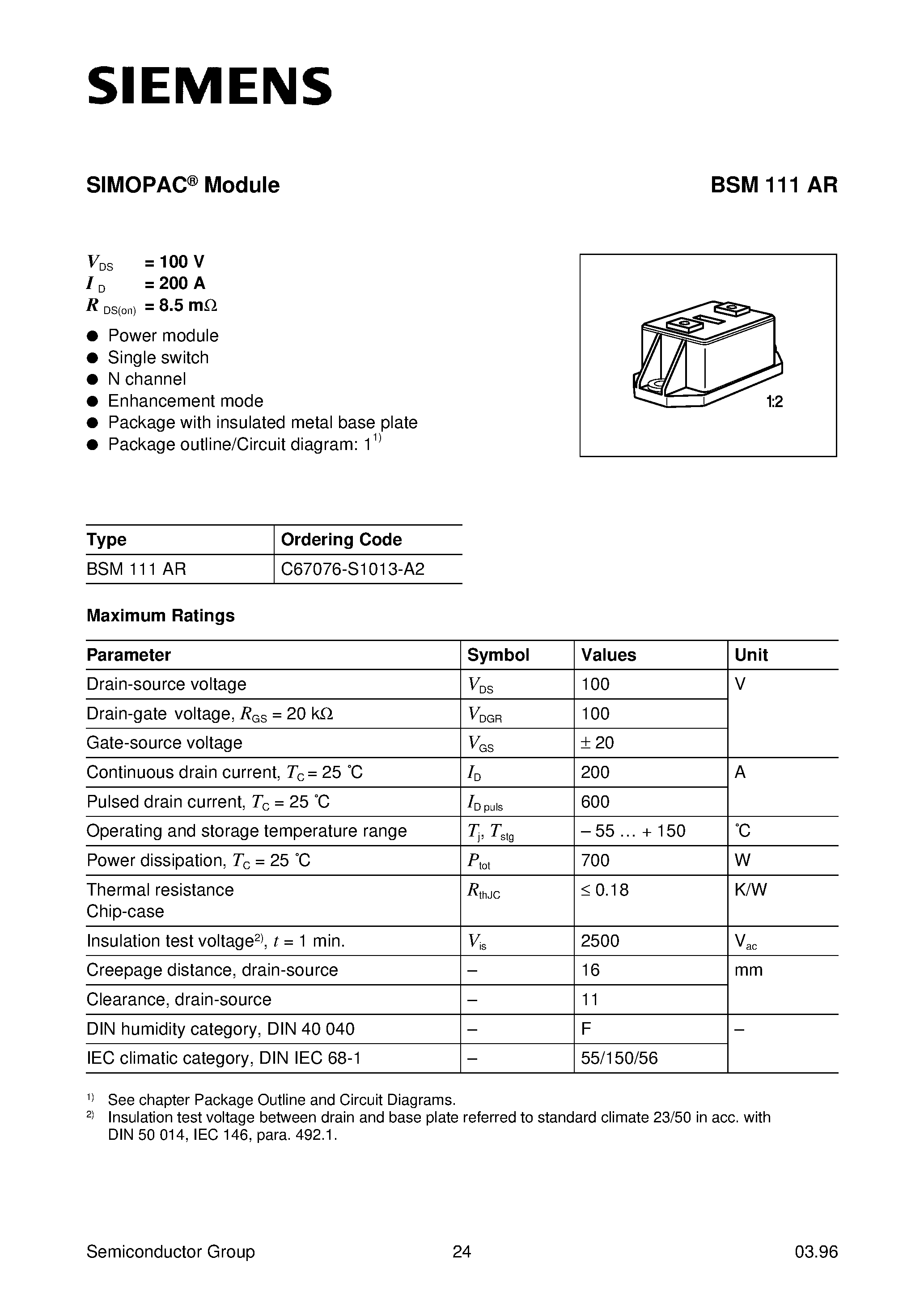 Datasheet BSM111AR - SIMOPAC Module (Power module Single switch N channel Enhancement mode) page 1