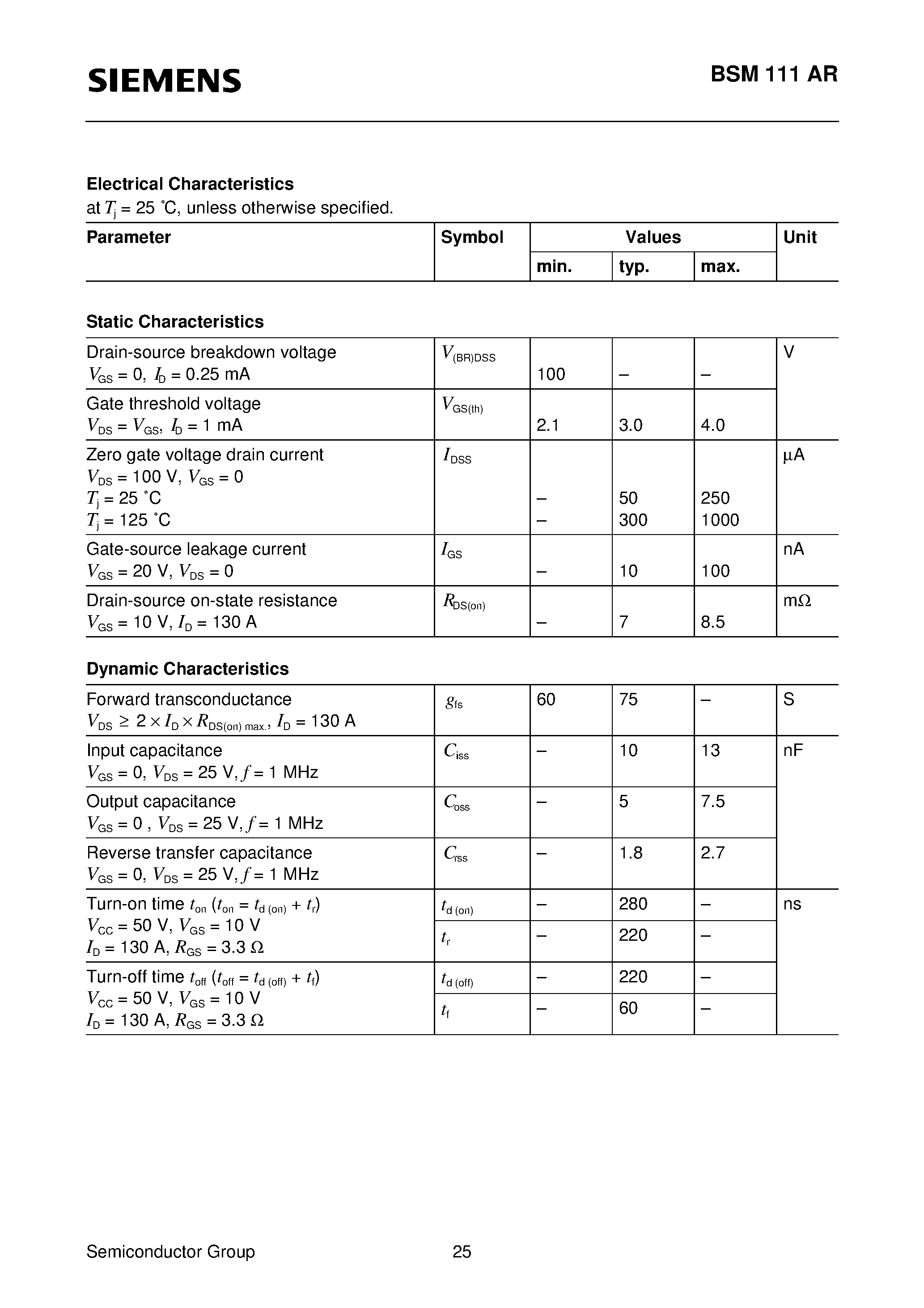 Datasheet BSM111AR - SIMOPAC Module (Power module Single switch N channel Enhancement mode) page 2