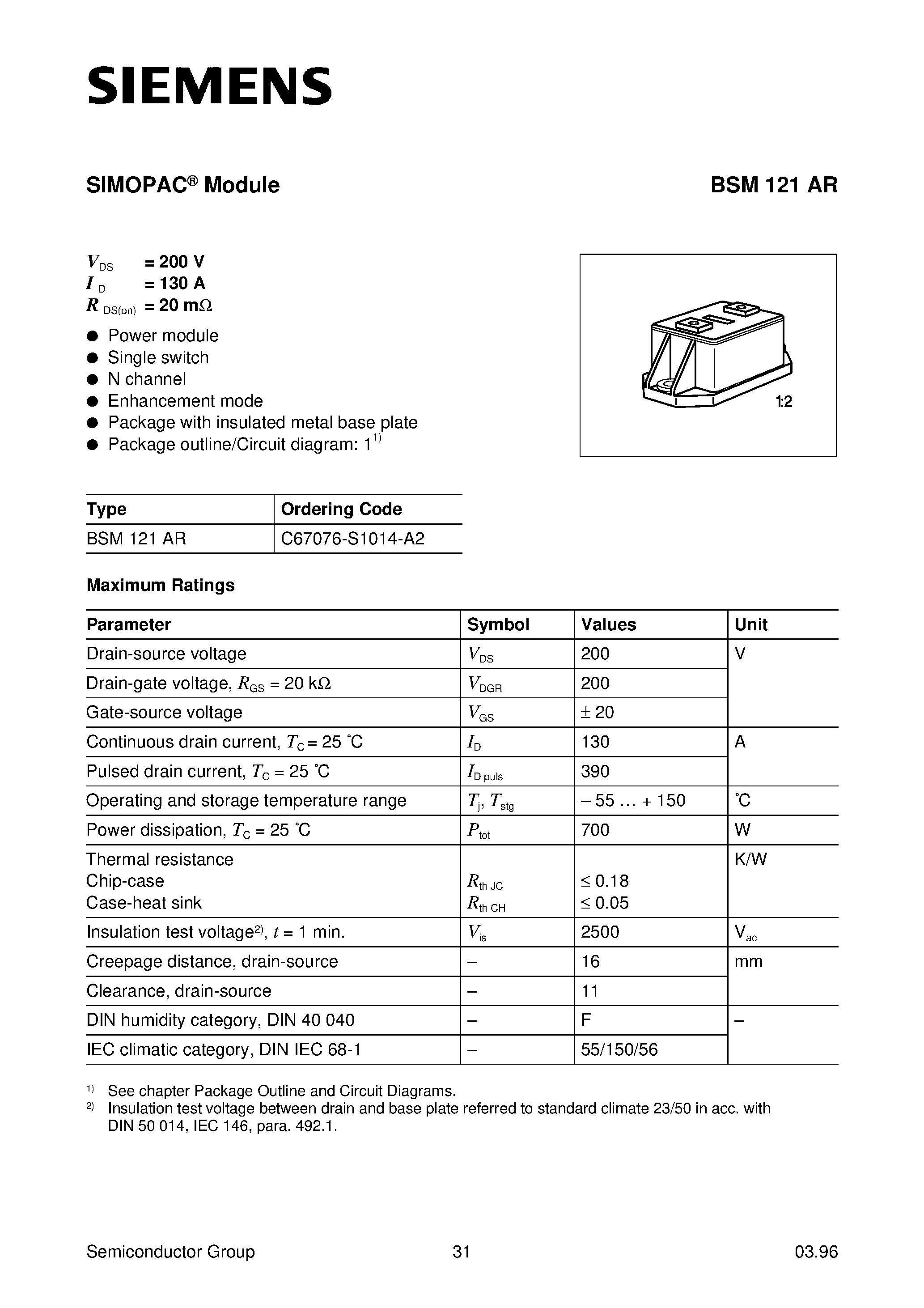 Datasheet BSM121AR - SIMOPAC Module (Power module Single switch N channel Enhancement mode) page 1