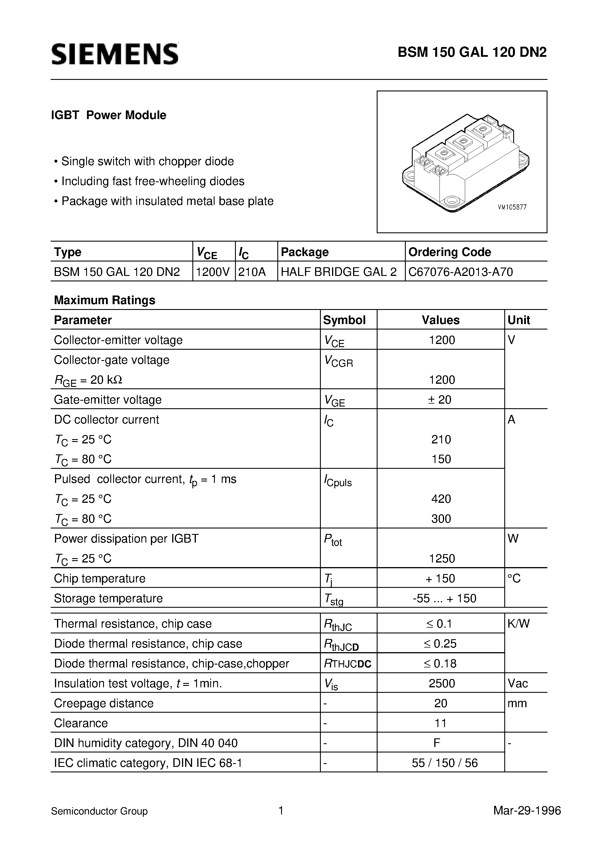 Даташит BSM150GAL120DN2 - IGBT Power Module (Single switch with chopper diode Including fast free-wheeling diodes) страница 1