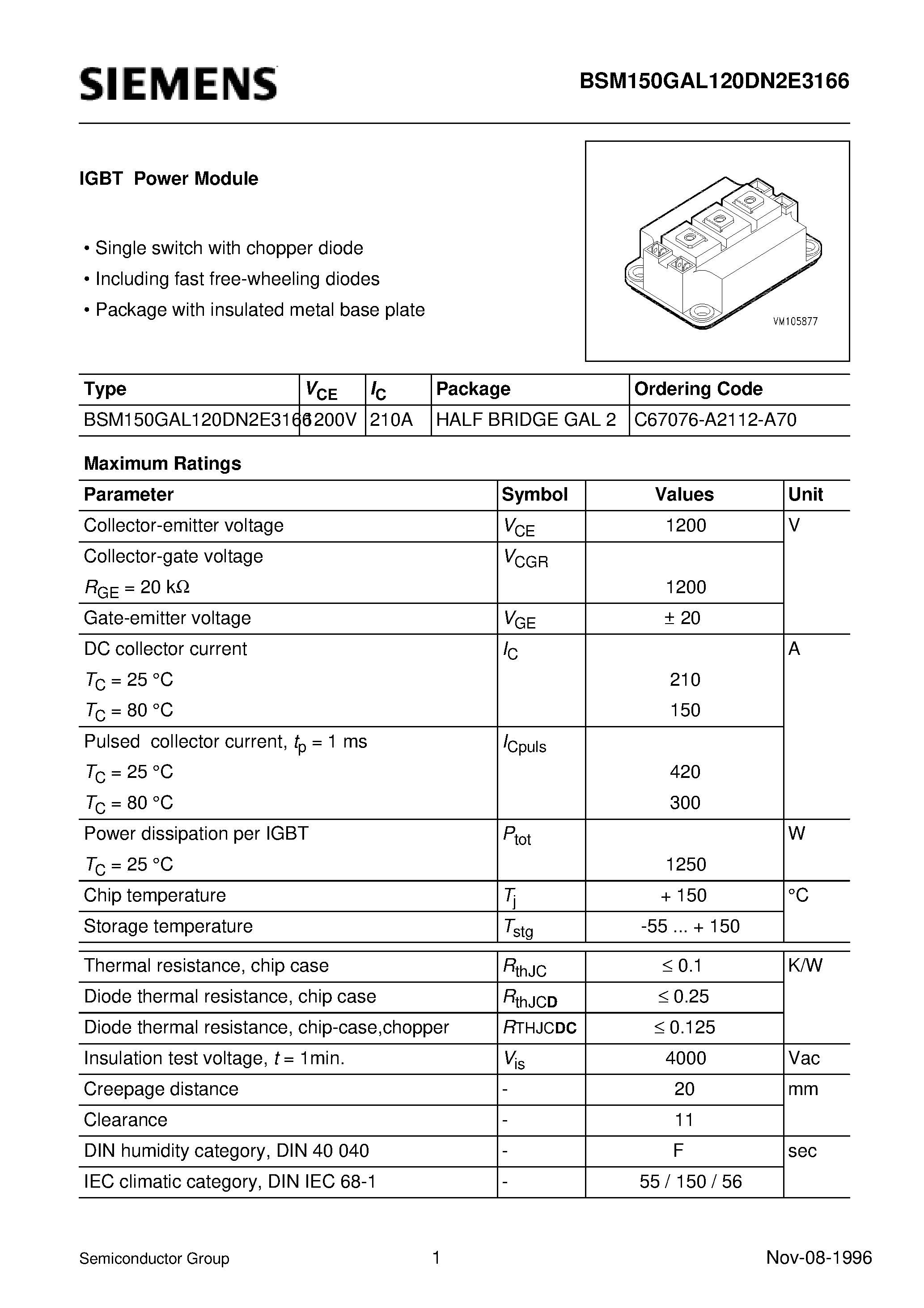 Даташит BSM150GAL120DN2E3166 - IGBT Power Module (Single switch with chopper diode Including fast free-wheeling diodes) страница 1