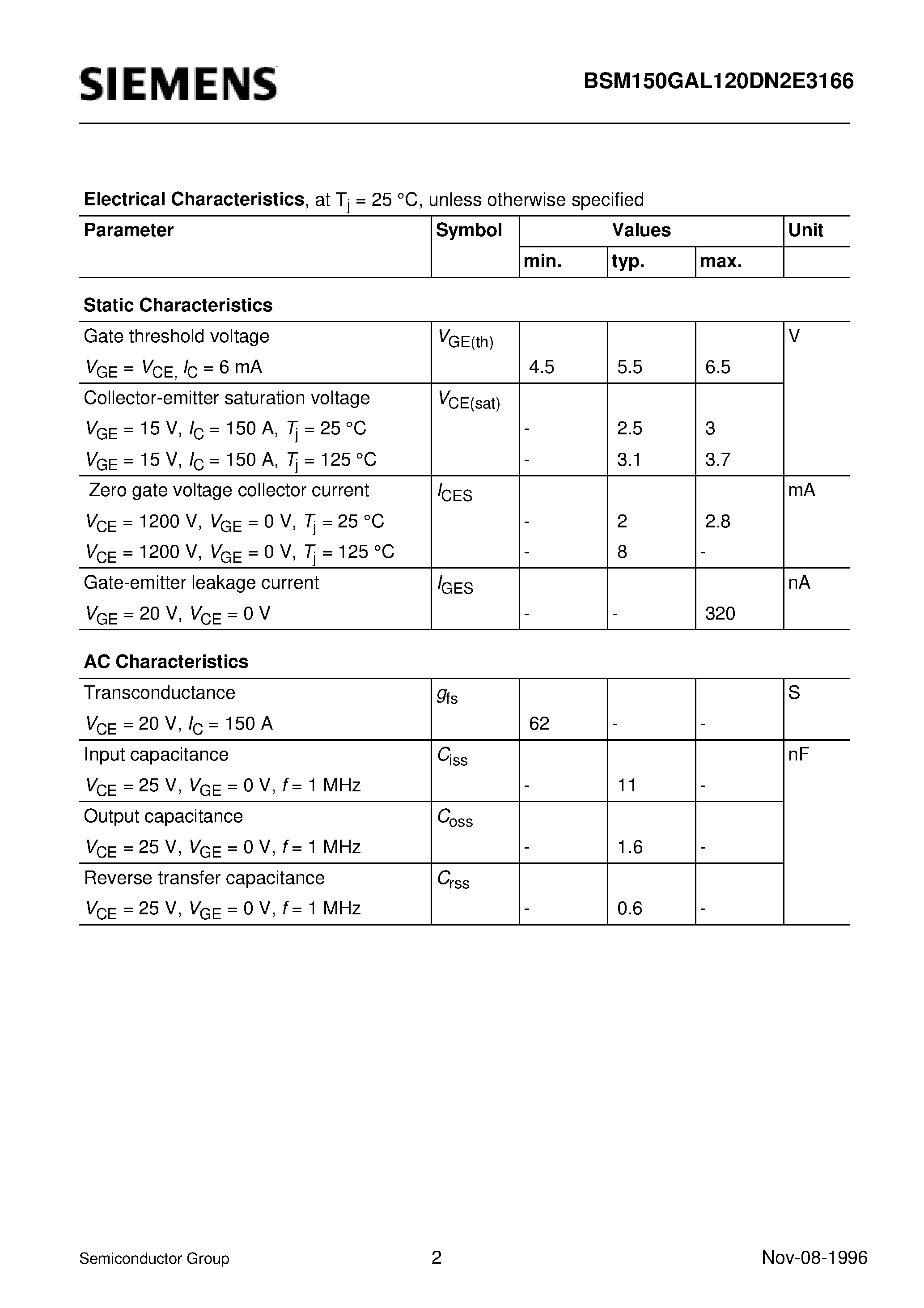Даташит BSM150GAL120DN2E3166 - IGBT Power Module (Single switch with chopper diode Including fast free-wheeling diodes) страница 2