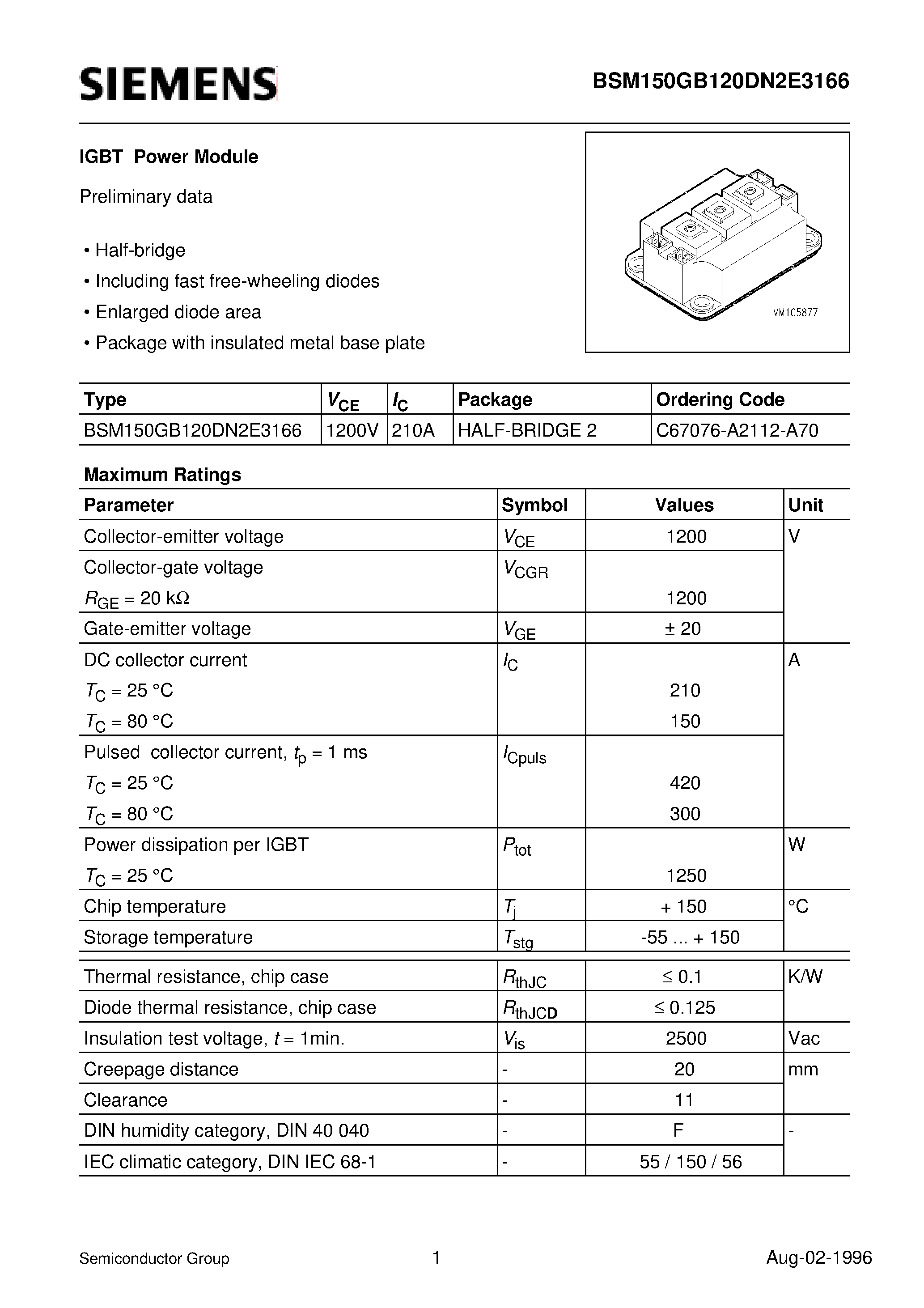 Даташит BSM150GB120DN2E3166 - IGBT Power Module (Half-bridge Including fast free-wheeling diodes Enlarged diode area) страница 1
