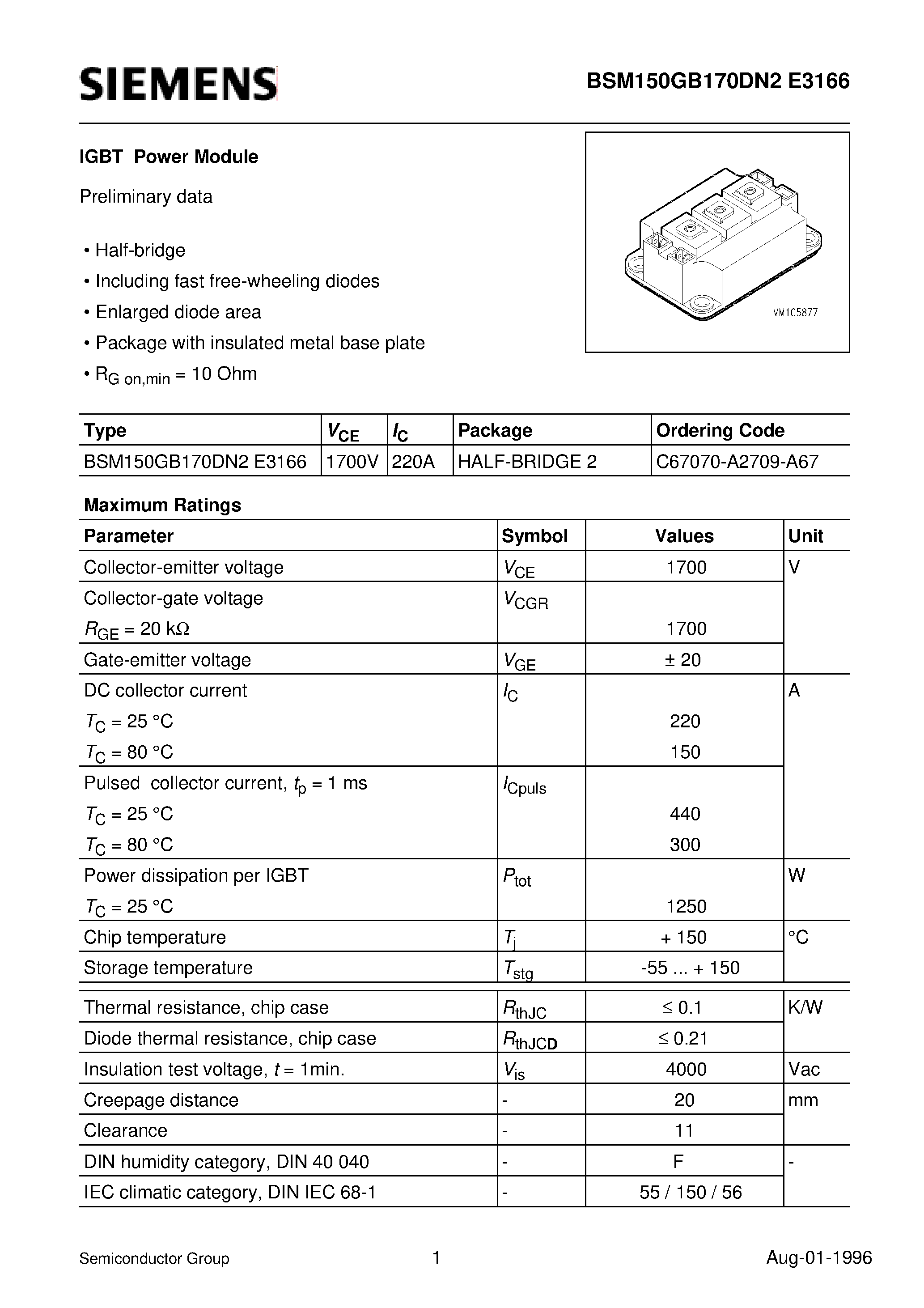 Даташит BSM150GB170DN2E3166 - IGBT Power Module (Half-bridge Including fast free-wheeling diodes Enlarged diode area) страница 1