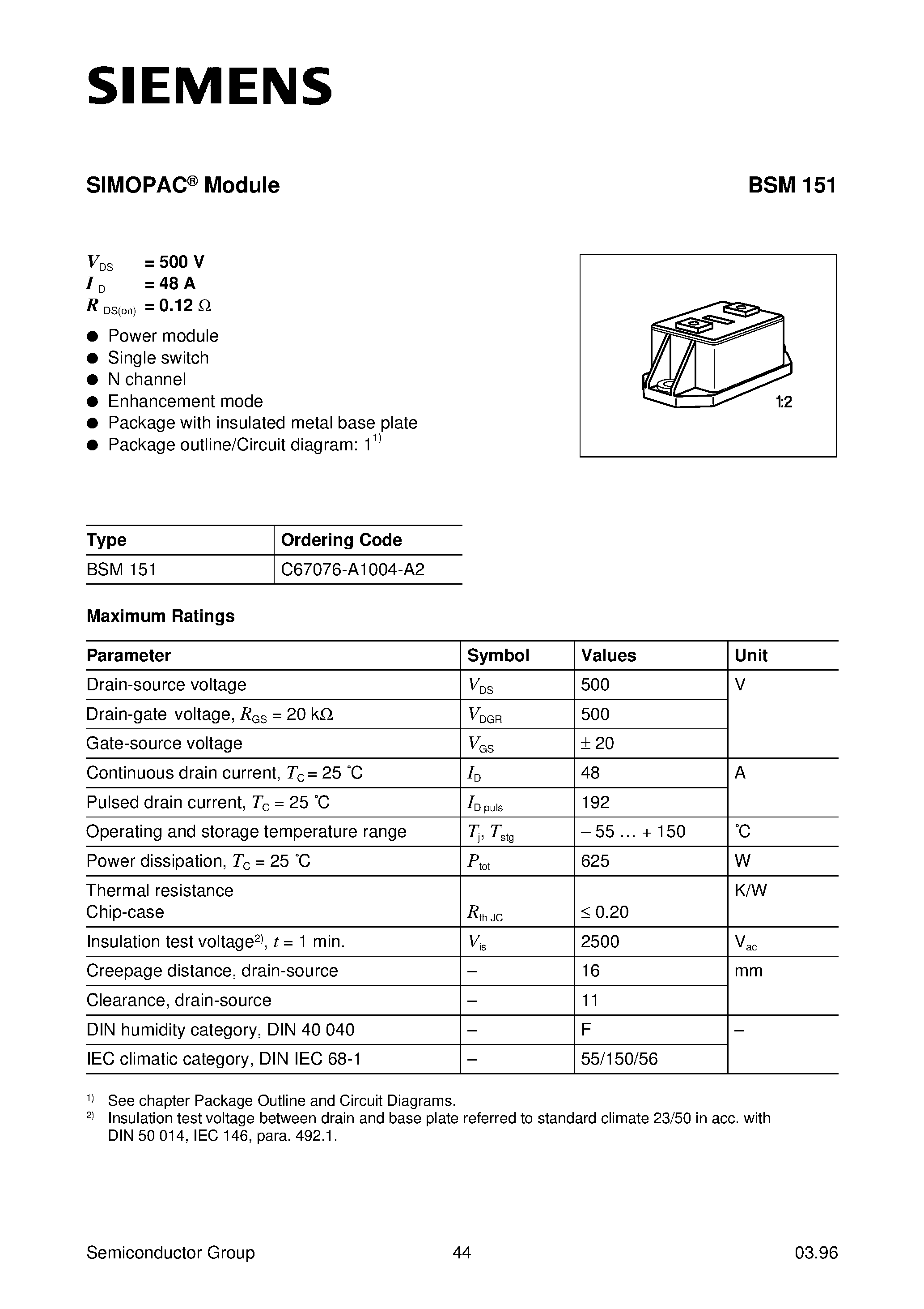Datasheet BSM151 - SIMOPAC Module (Power module Single switch N channel Enhancement mode) page 1