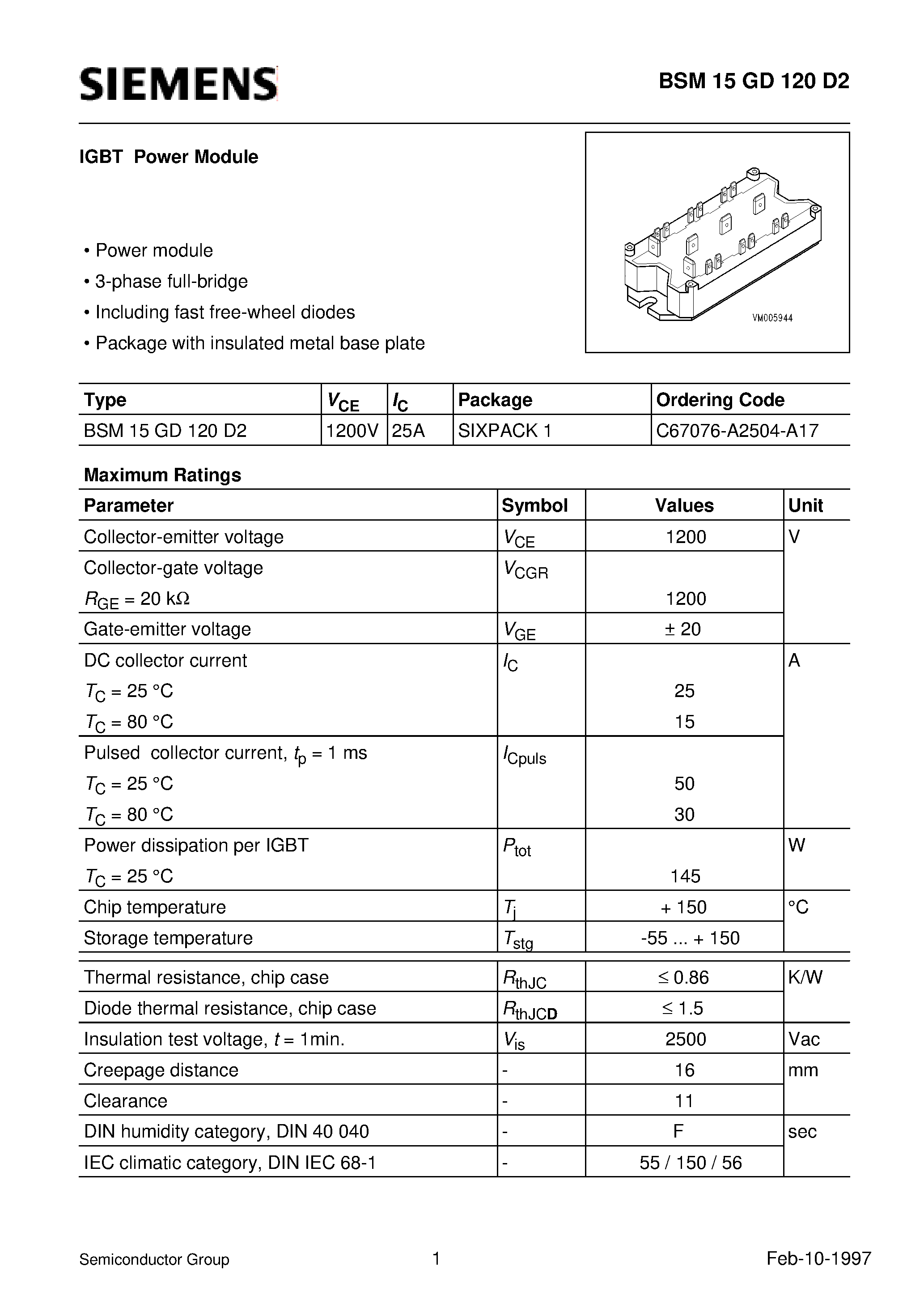 Datasheet BSM15GD120D2 page 1 Datasheet BSM15GD120D2 - IGBT Power Module (Power module 3-phase full-bridge Including fast free-wheel diodes) page 1