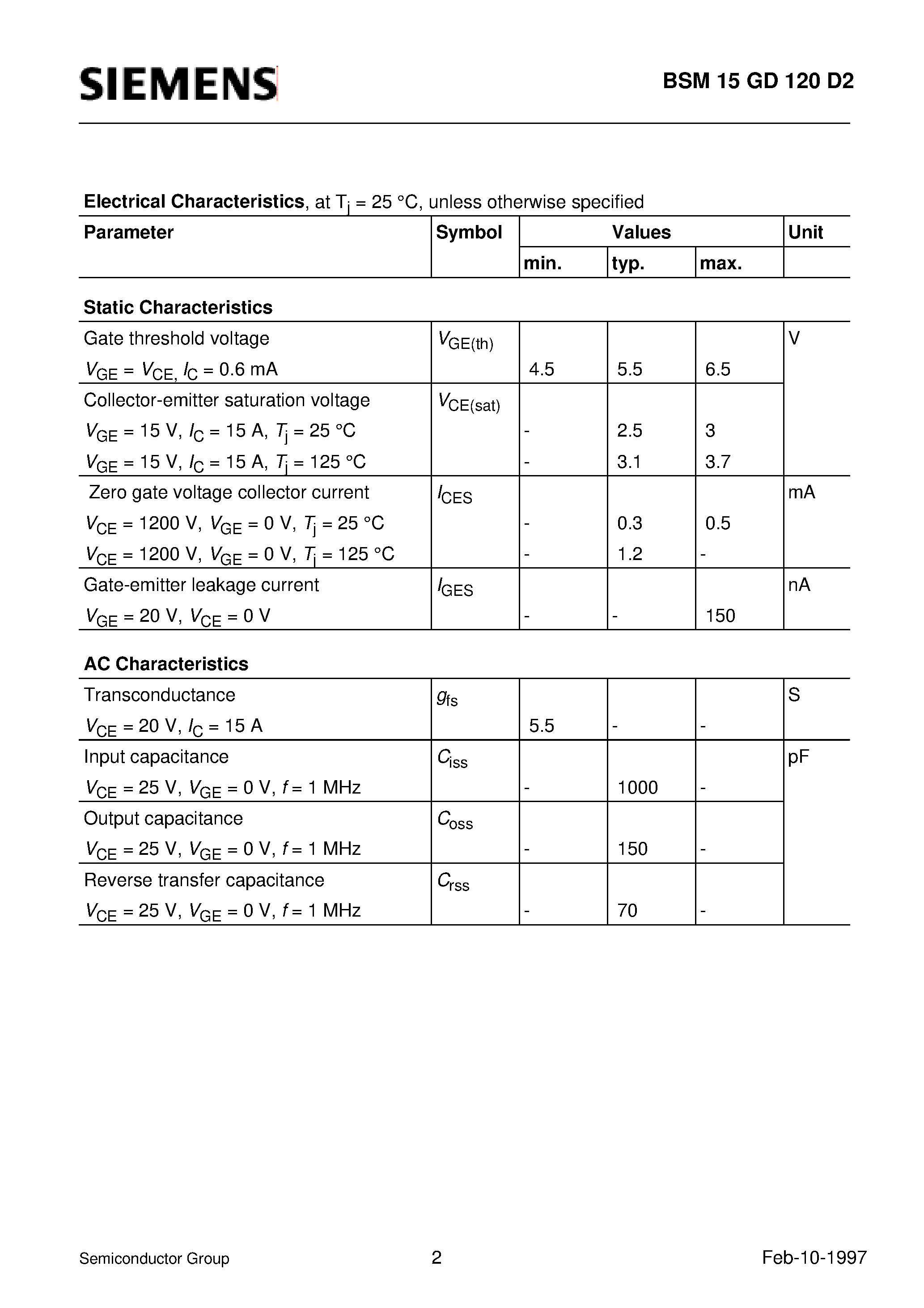 Datasheet BSM15GD120D2 page 2 Datasheet BSM15GD120D2 - IGBT Power Module (Power module 3-phase full-bridge Including fast free-wheel diodes) page 2